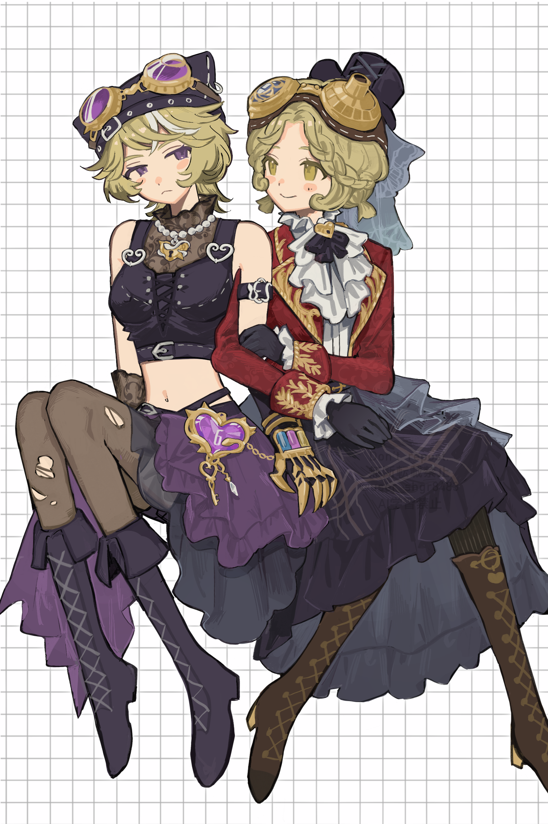 yamu (yamuyamu ya), tracy reznik, tracy reznik (lock core), tracy reznik (lockheart), identity v, absurdres, highres, 2girls, :<, ascot, black gloves, black hat, black skirt, blonde hair, blush stickers, boots, braid, brown boots, claws, coat, crop top, fake claws, frilled shirt collar, frills, gloves, goggles, goggles on headwear, gold claws, hat, holding another's arm, jewelry, lace, lace-trimmed shirt, lace trim, looking at another, mini hat, mini top hat, multiple girls, navel piercing, necklace, pantyhose, pearl necklace, piercing, purple-tinted eyewear, purple boots, purple eyes, red coat, shirt, short hair, side braids, sitting, skirt, smile, tinted eyewear, top hat, torn clothes, torn pantyhose, white streaks, yellow eyes