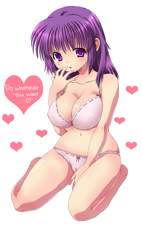 yukito mayumi, original, 1girl, bra, breasts, cleavage, covered erect nipples, english text, female focus, heart, large breasts, lingerie, panties, purple eyes, purple hair, solo, underwear, underwear only