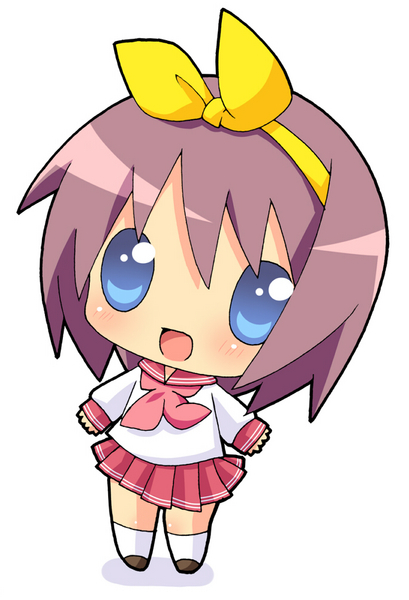 yuuto, hiiragi tsukasa, lucky star, bad id, bad pixiv id, 00s, blue eyes, bow, chibi, purple hair, school uniform, serafuku, solo