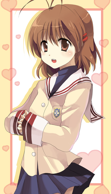 chocho (homelessfox), furukawa nagisa, clannad, bad id, bad pixiv id, 00s, 1girl, antenna hair, blush, brown eyes, brown hair, female focus, school uniform, serafuku, solo