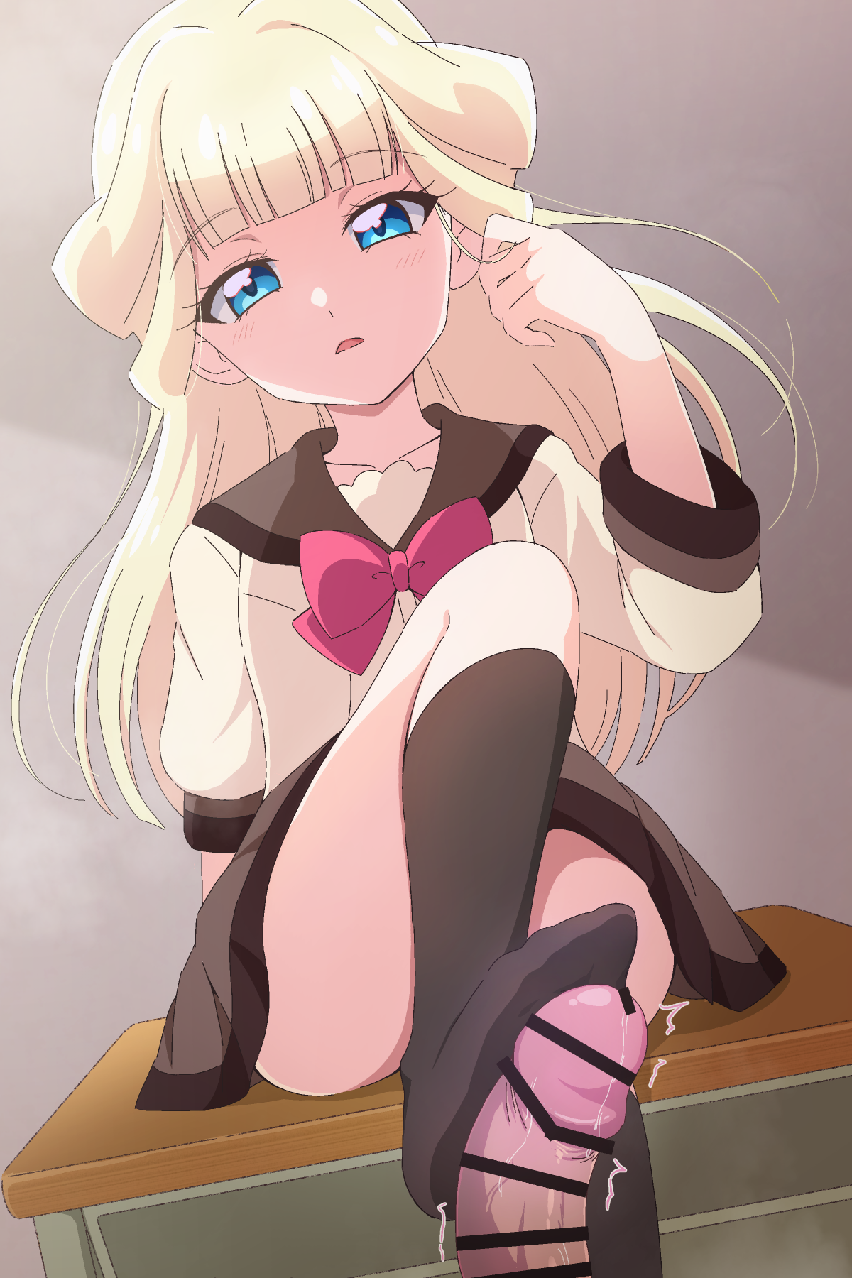laika (s4005146), nekoyashiki yuki, precure, wonderful precure!, commentary, highres, 1boy, 1girl, arm support, bar censor, black socks, blonde hair, blue eyes, blunt bangs, bow, bowtie, brown sailor collar, brown skirt, censored, collarbone, desk, erection, feet, foot focus, foot out of frame, footjob, footjob with legwear, half updo, hand up, knee up, long hair, looking at viewer, no shoes, on desk, parted lips, penis, pleated skirt, red bow, red bowtie, sailor collar, school desk, school uniform, second wangan school uniform, serafuku, sitting, skirt, socks, soles, solo focus, three-quarter sleeves, tucking hair, twitching penis