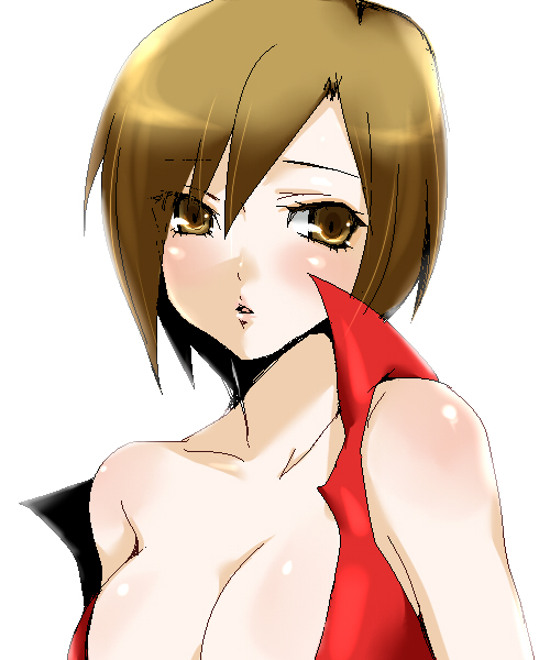 aobe, meiko (vocaloid), vocaloid, bad id, bad pixiv id, 1girl, breasts, brown eyes, brown hair, cleavage, female focus, medium breasts, oekaki, simple background, solo