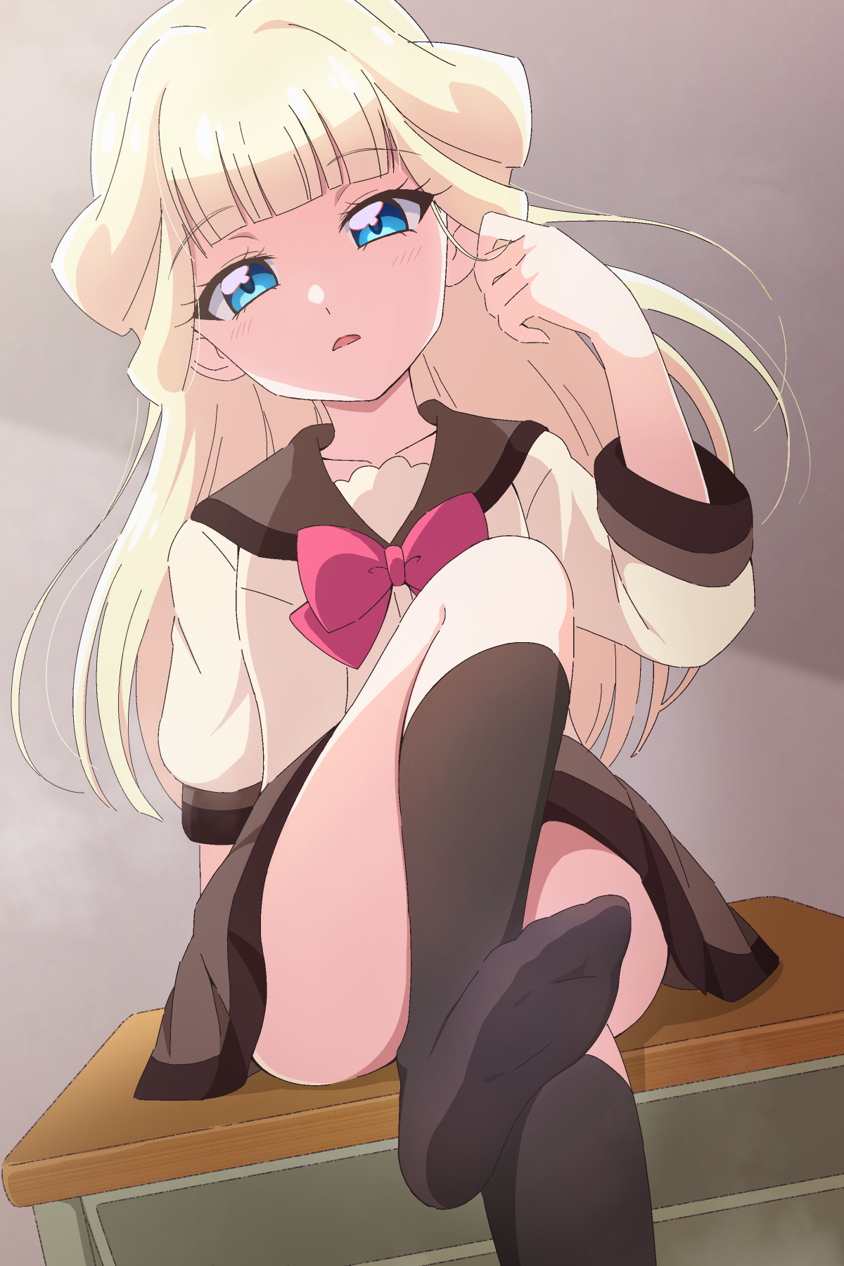laika (s4005146), nekoyashiki yuki, precure, wonderful precure!, commentary, highres, 1girl, arm support, black socks, blonde hair, blue eyes, blunt bangs, bow, bowtie, brown sailor collar, brown skirt, collarbone, desk, feet, foot focus, foot out of frame, half updo, hand up, knee up, long hair, looking at viewer, no shoes, on desk, parted lips, pleated skirt, red bow, red bowtie, sailor collar, school desk, school uniform, second wangan school uniform, serafuku, sitting, skirt, socks, soles, solo focus, three-quarter sleeves, tucking hair