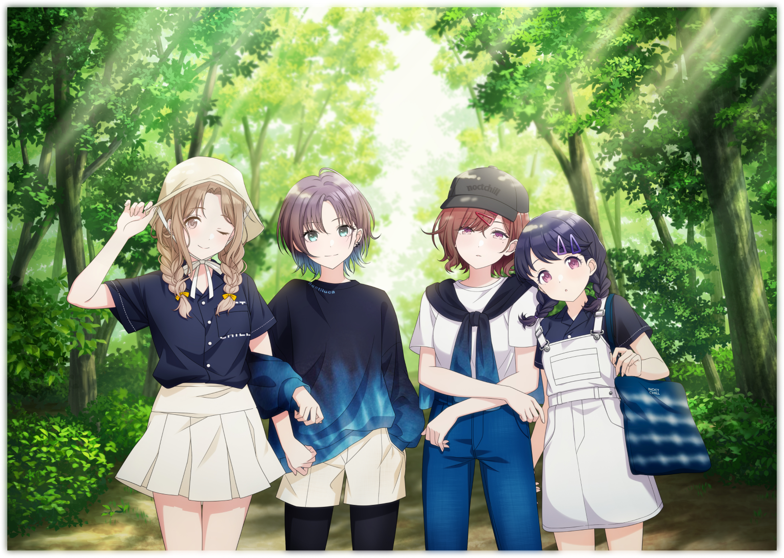 asakura toru, fukumaru koito, higuchi madoka, ichikawa hinana, noctchill (idolmaster), idolmaster, idolmaster shiny colors, highres, official art, 4girls, bag, black hair, hat, multicolored hair, multiple girls, panties, pleated skirt, red eyes, red hair, shirt, short hair, skirt, standing, tree, underwear, white panties, white shirt