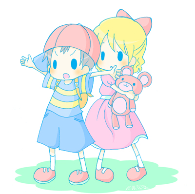 ness (mother 2), paula (mother 2), mother (series), mother 2, nintendo, striped, lowres, 1boy, 1girl, blonde hair, bow, chibi, child, stuffed animal, stuffed toy