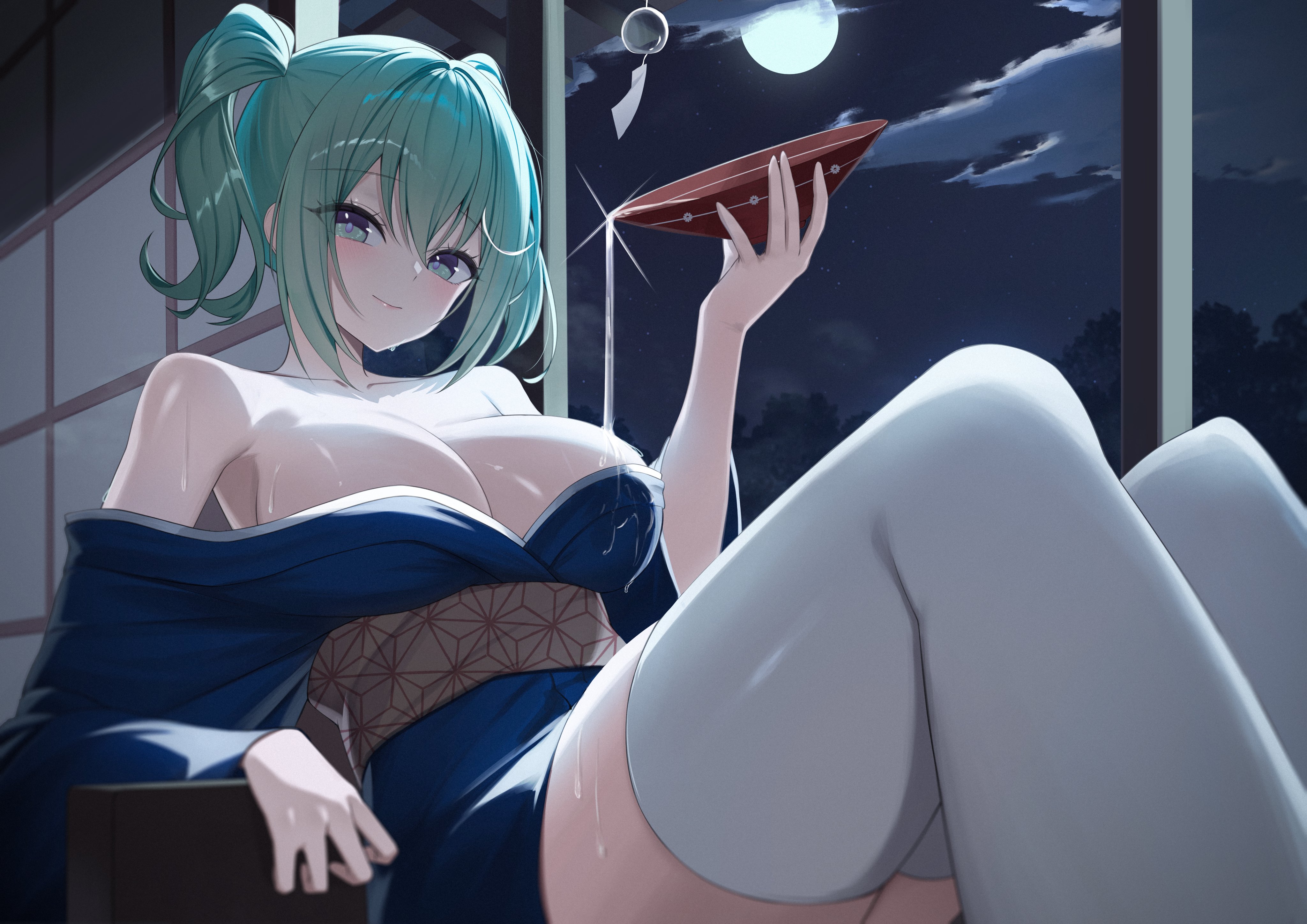 yt9676, yuzuha riko, stellive, absurdres, commentary request, highres, korean commentary, 1girl, bare shoulders, blue eyes, blue kimono, breasts, cleavage, closed mouth, cup, full moon, green hair, holding, japanese clothes, kimono, knees up, large breasts, long hair, long sleeves, looking at viewer, moon, night, obi, off shoulder, pouring, pouring onto self, sakazuki, sash, smile, solo, thighhighs, twintails, virtual youtuber, white thighhighs