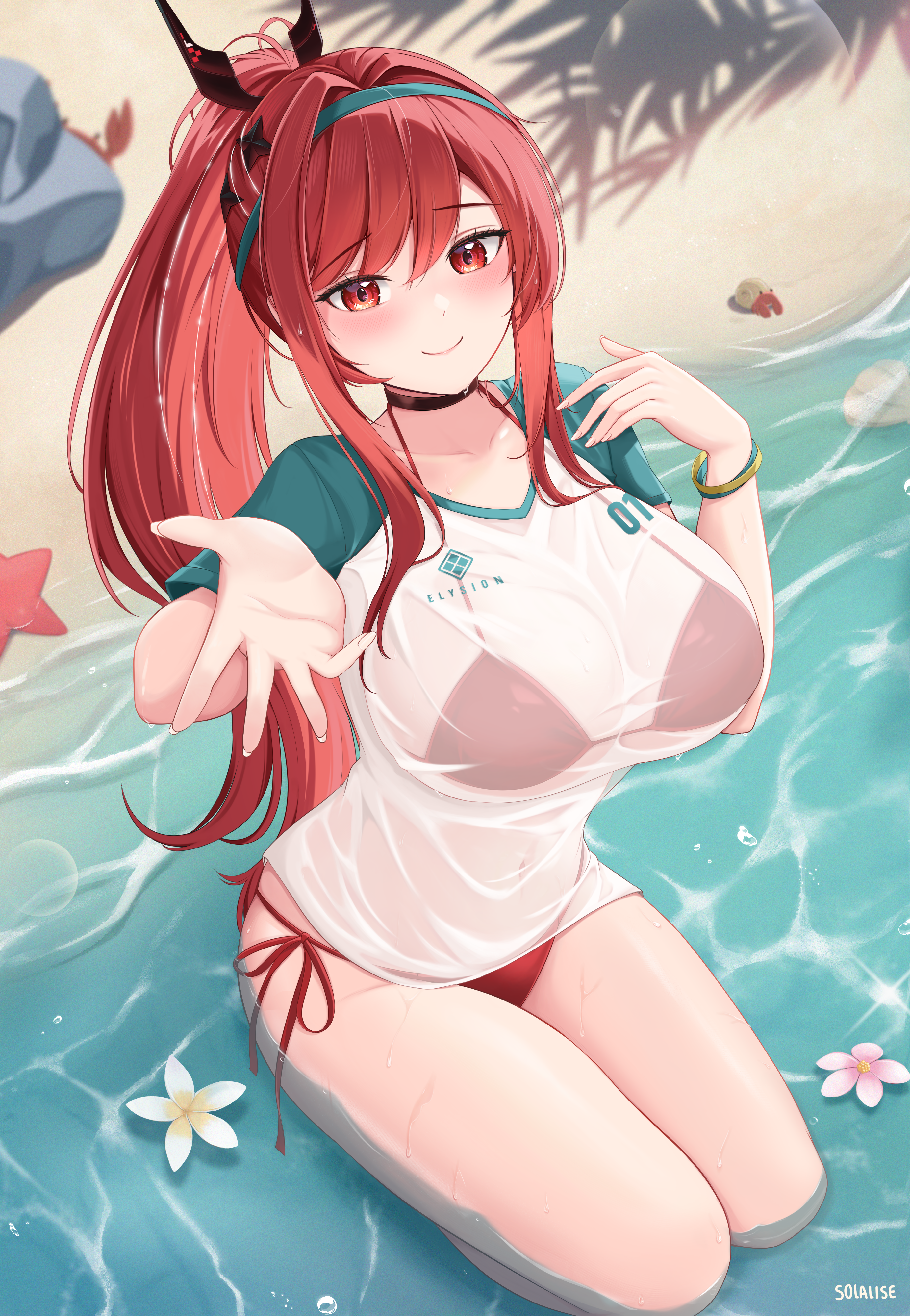 solalise, rapi (nikke), rapi (red hood) (nikke), rapi (red hood) (red flavor) (nikke), goddess of victory: nikke, absurdres, highres, 1girl, aqua hairband, beach, bikini, bikini under clothes, black choker, breasts, choker, closed mouth, hairband, large breasts, long hair, looking at viewer, multicolored shirt, ponytail, red bikini, red eyes, red hair, shirt, short sleeves, smile, solo, swimsuit, swimsuit under clothes, t-shirt, white shirt