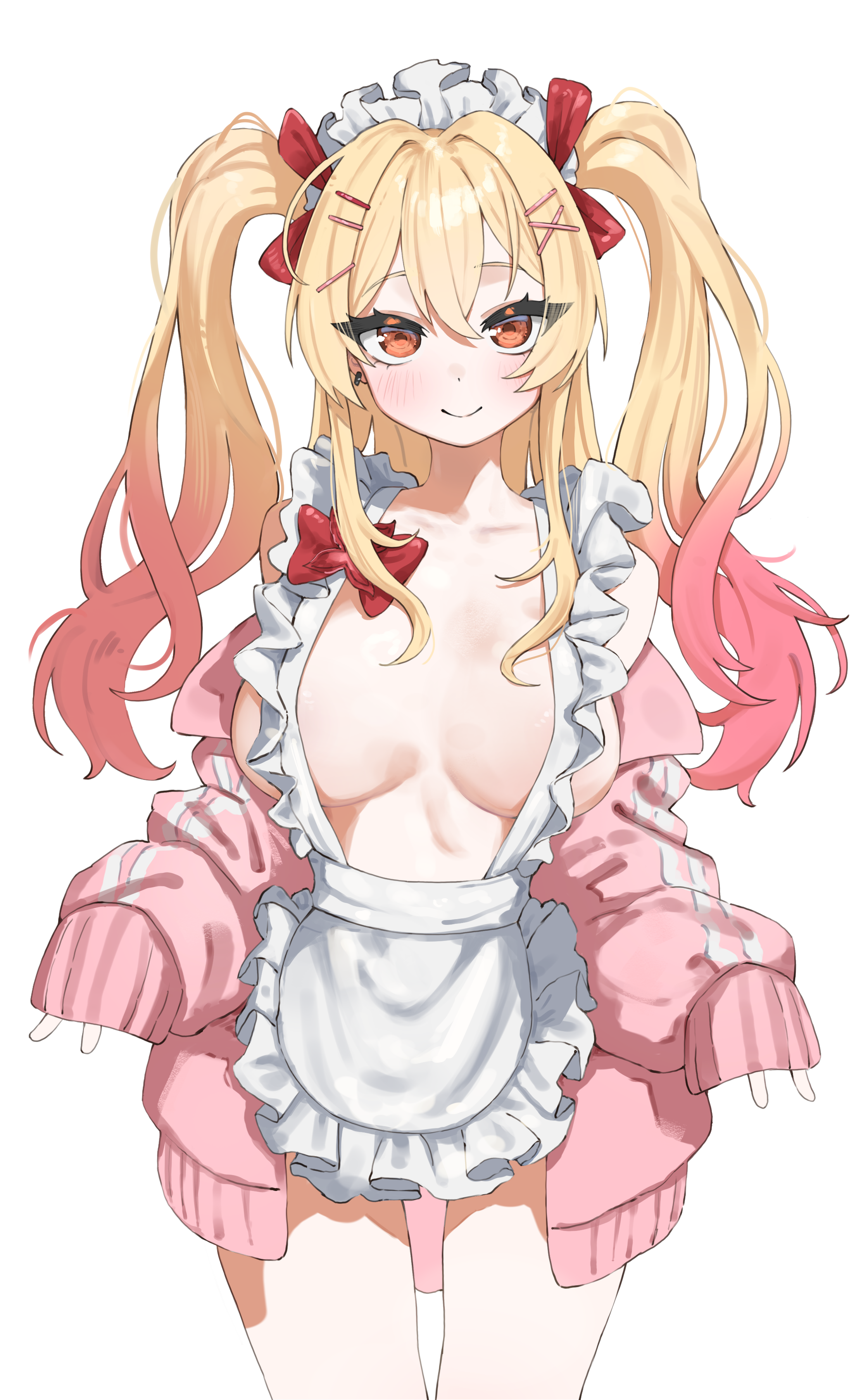 hanakonenne, demonia (hiyono), original, absurdres, commentary, commission, highres, 1girl, apron, blonde hair, breasts, breasts apart, brown eyes, closed mouth, collarbone, cowboy shot, double v, frilled hairband, frills, gradient hair, hair between eyes, hair ornament, hair over shoulder, hair ribbon, hairband, hairclip, jacket, large breasts, light smile, long hair, looking at viewer, multicolored hair, multicolored jacket, naked apron, no bra, no pants, off shoulder, open clothes, open jacket, parallel hairclips, pink hair, pink jacket, red ribbon, ribbon, sidelocks, simple background, solo, standing, striped clothes, striped jacket, two-tone jacket, v, white apron, white background, white hairband, white jacket, x hair ornament