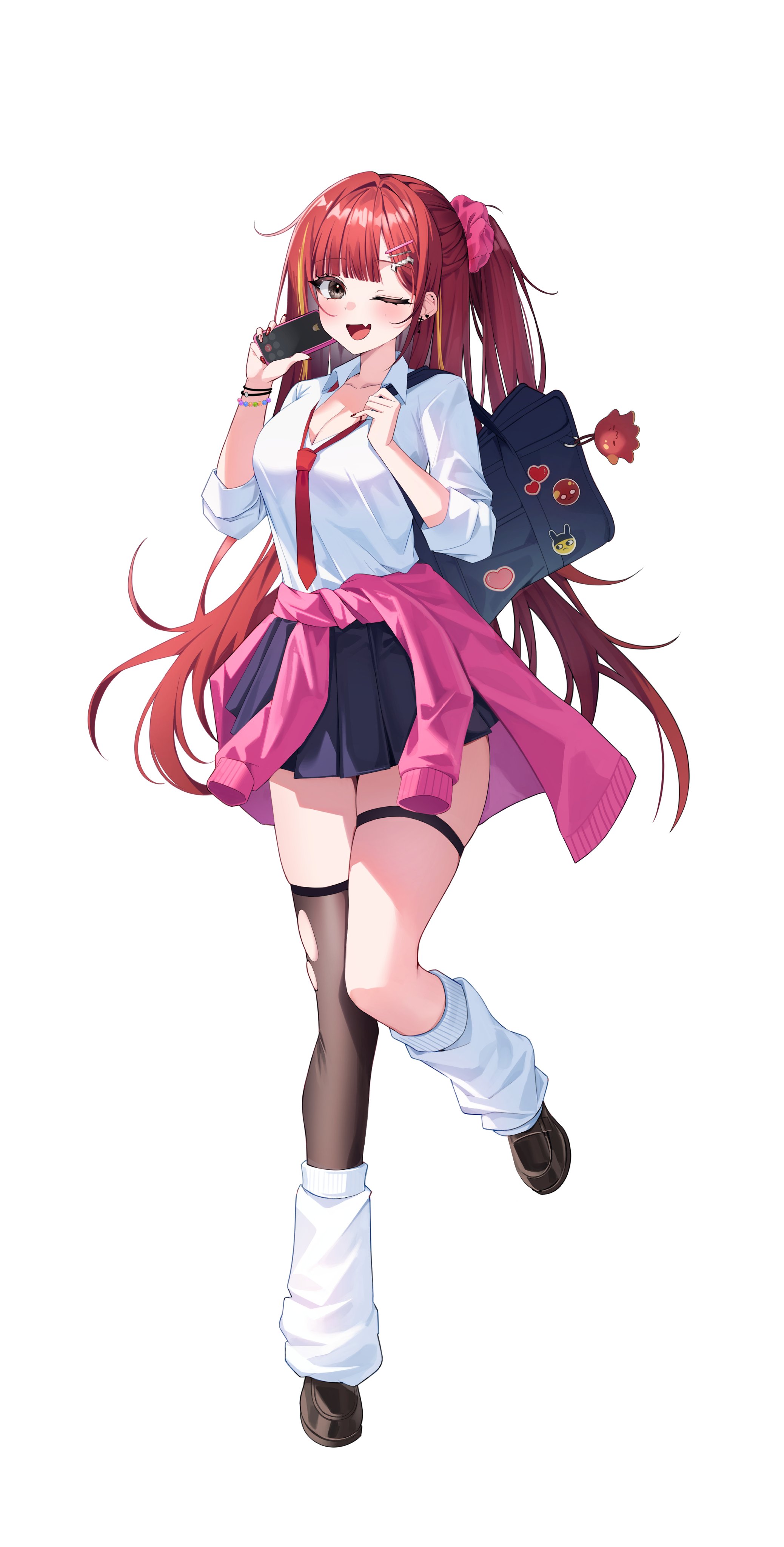 zhxms123, akane lize, stellive, absurdres, highres, 1girl, bag, black eyes, black shoes, black skirt, breasts, cellphone, cleavage, clothes around waist, collarbone, collared shirt, earrings, fang, hair ornament, hair scrunchie, hairclip, half updo, hand up, holding, holding phone, jacket, jacket around waist, jewelry, kneehighs, large breasts, long hair, looking at viewer, loose socks, miniskirt, mole, mole on cheek, multicolored hair, necktie, one eye closed, open mouth, phone, pink jacket, pleated skirt, red hair, red necktie, school bag, school uniform, scrunchie, shirt, shoes, simple background, single thighhigh, skindentation, skirt, smartphone, smile, socks, solo, streaked hair, thigh strap, thighhighs, torn clothes, torn thighhighs, very long hair, virtual youtuber, white background, white shirt, white socks