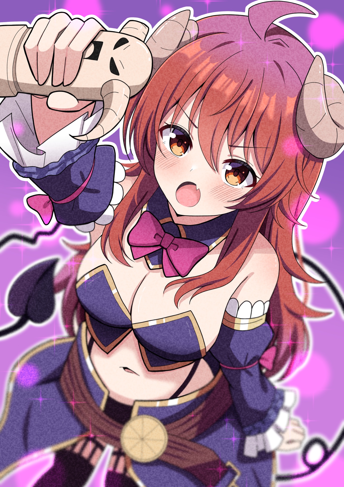 hosinonana, lilith (machikado mazoku), lilith (statue) (machikado mazoku), yoshida yuuko, machikado mazoku, highres, 1girl, blush, bow, breasts, demon girl, demon tail, fang, holding, long hair, looking at viewer, medium breasts, navel, open mouth, red bow, red eyes, red hair, solo, standing, statue, stomach, tail