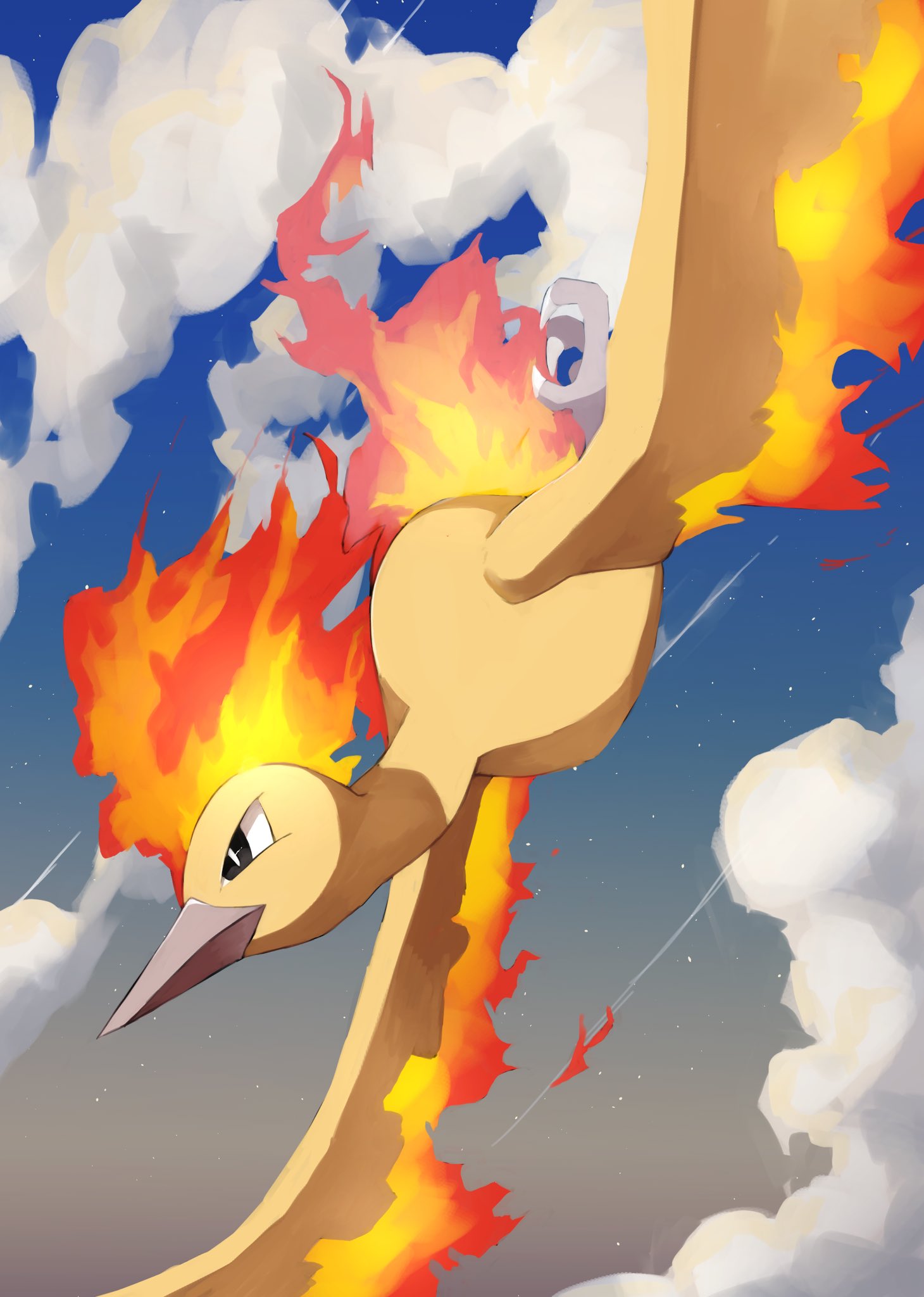 kou11021301, moltres, nintendo, pokemon, highres, animal focus, beak, bird, black eyes, closed mouth, cloud, fiery hair, fiery tail, fiery wings, fire, flame-tipped tail, flying, gen 1 pokemon, legendary pokemon, no humans, pokemon (creature), pokemon focus, sky, tail, wings
