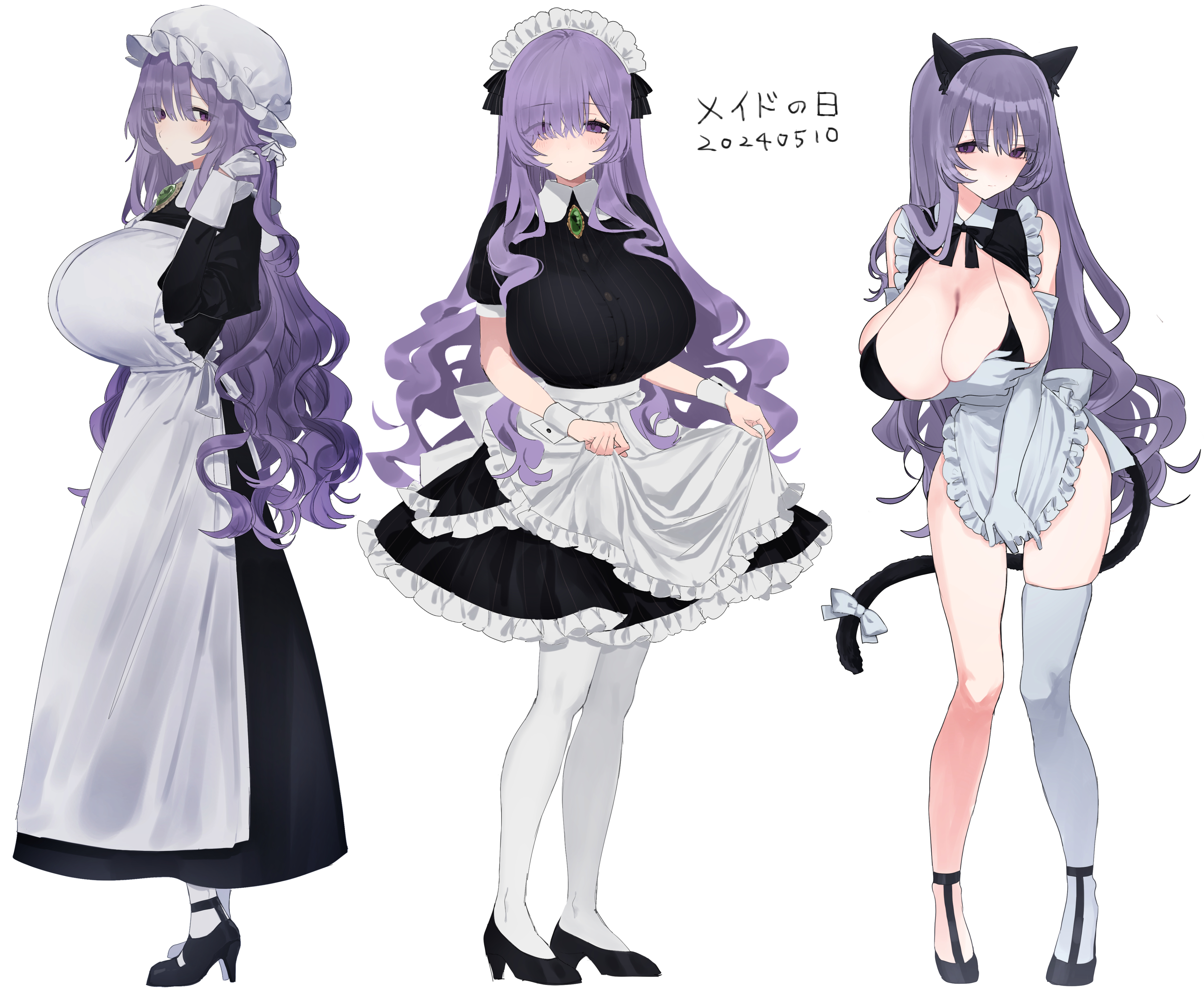 eurasia (wtp09ptw14), francoise (eurasia), original, absurdres, commentary request, highres, translation request, 1girl, animal ear hairband, animal ears, apron, apron hold, apron pull, bare shoulders, black bra, black dress, black hairband, black shoes, blush, bow, bra, breasts, brooch, cat ear hairband, cat ears, cat tail, cleavage, closed mouth, clothes pull, dated, dress, elbow gloves, fake animal ears, fake tail, frilled apron, frilled hat, frills, full body, gem, gloves, green gemstone, hair between eyes, hair over one eye, hairband, hand in own hair, hat, high heels, huge breasts, jewelry, long bangs, long hair, long sleeves, looking at viewer, maid, maid apron, maid headdress, multiple views, pantyhose, purple eyes, purple hair, shoes, short dress, short sleeves, simple background, single thighhigh, standing, sweat, tail, tail bow, tail ornament, thighhighs, underwear, waist apron, white apron, white background, white bow, white gloves, white headdress, white pantyhose, white thighhighs, white wrist cuffs, wrist cuffs