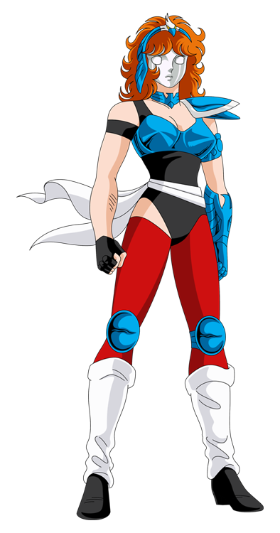 araki shingo, eagle marin, saint seiya, 1girl, amazon warrior, armor, bikini armor, black gloves, bodysuit, boots, breasts, cleavage, clenched hand, curly hair, female focus, fingerless gloves, gloves, hairband, knee boots, knee pads, leotard, mask, mask on head, official style, orange hair, pauldrons, red hair, retro artstyle, sash, shoulder armor, solo, spandex, standing, transparent background, white boots