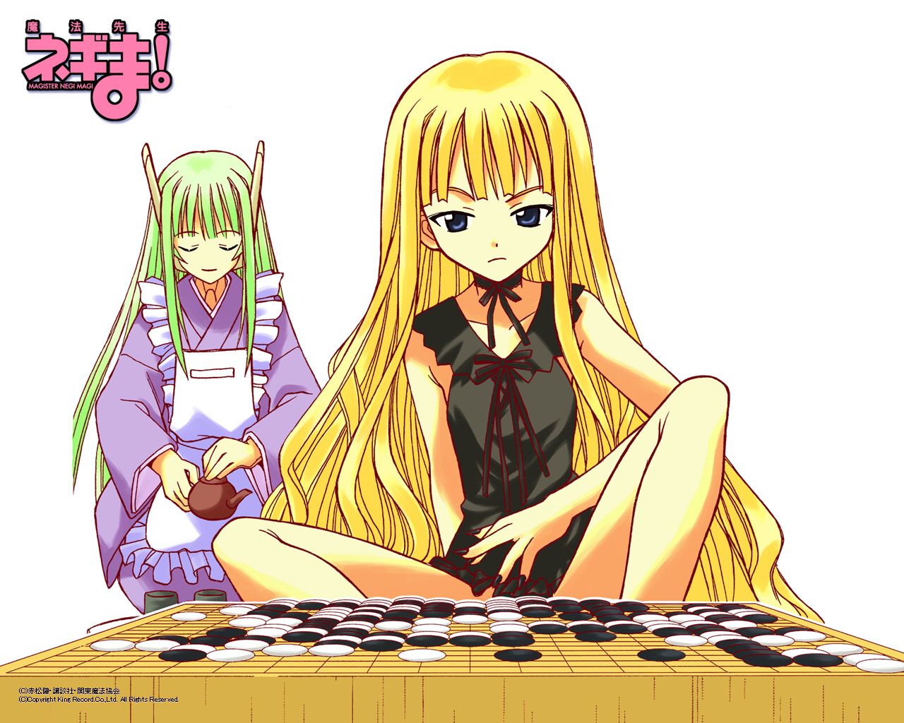 akamatsu ken, evangeline a.k. mcdowell, karakuri chachamaru, mahou sensei negima!, official art, 00s, 2girls, blonde hair, blue eyes, board game, go (board game), green hair, long hair, multiple girls, playing games, robot ears, vampire, very long hair