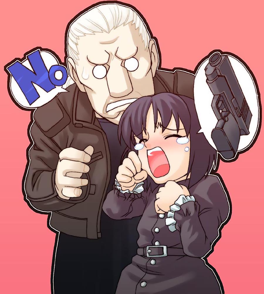 chiba toshirou, batou (gits), kusanagi motoko, ghost in the shell, jpeg artifacts, non-web source, spoilers, 1boy, 1girl, aged down, bad end, child, crying, cyberpunk, cyborg, english text, gun, handgun, jacket, parody, pistol, science fiction, semi-automatic pistol, sweatdrop, tantrum, tears, weapon