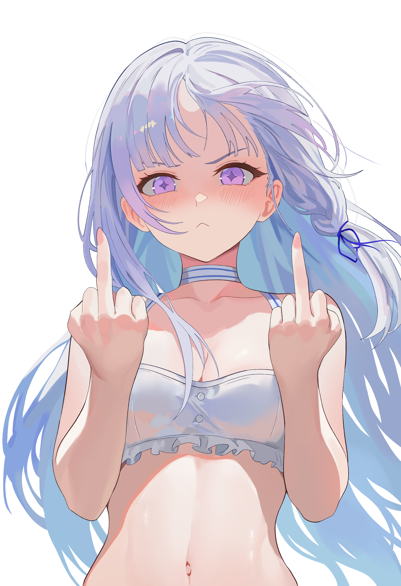 nbee ya, ayatsuno yuni, stellive, absurdres, highres, 1girl, :<, bare arms, bare shoulders, bikini, choker, closed mouth, double middle finger, frilled bikini, frills, frown, hands up, long hair, looking at viewer, middle finger, navel, profanity, purple eyes, simple background, solo, star-shaped pupils, star (symbol), stomach, swimsuit, symbol-shaped pupils, upper body, v-shaped eyebrows, virtual youtuber, white background, white bikini, white choker, white hair