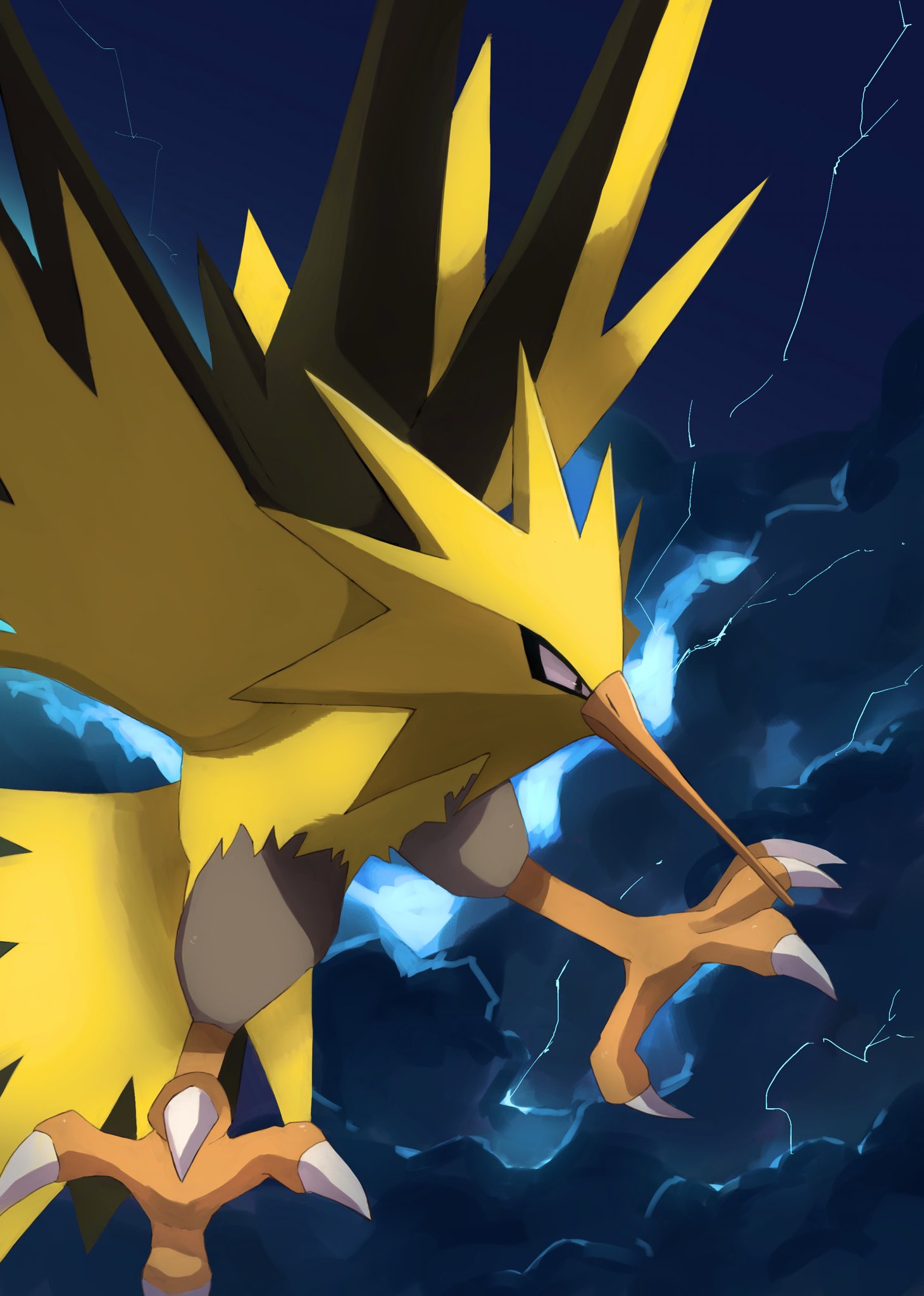 kou11021301, zapdos, nintendo, pokemon, highres, animal focus, beak, bird, electricity, flying, gen 1 pokemon, legendary pokemon, lightning, no humans, outdoors, pokemon (creature), pokemon focus, primarily, sky, talons, wings