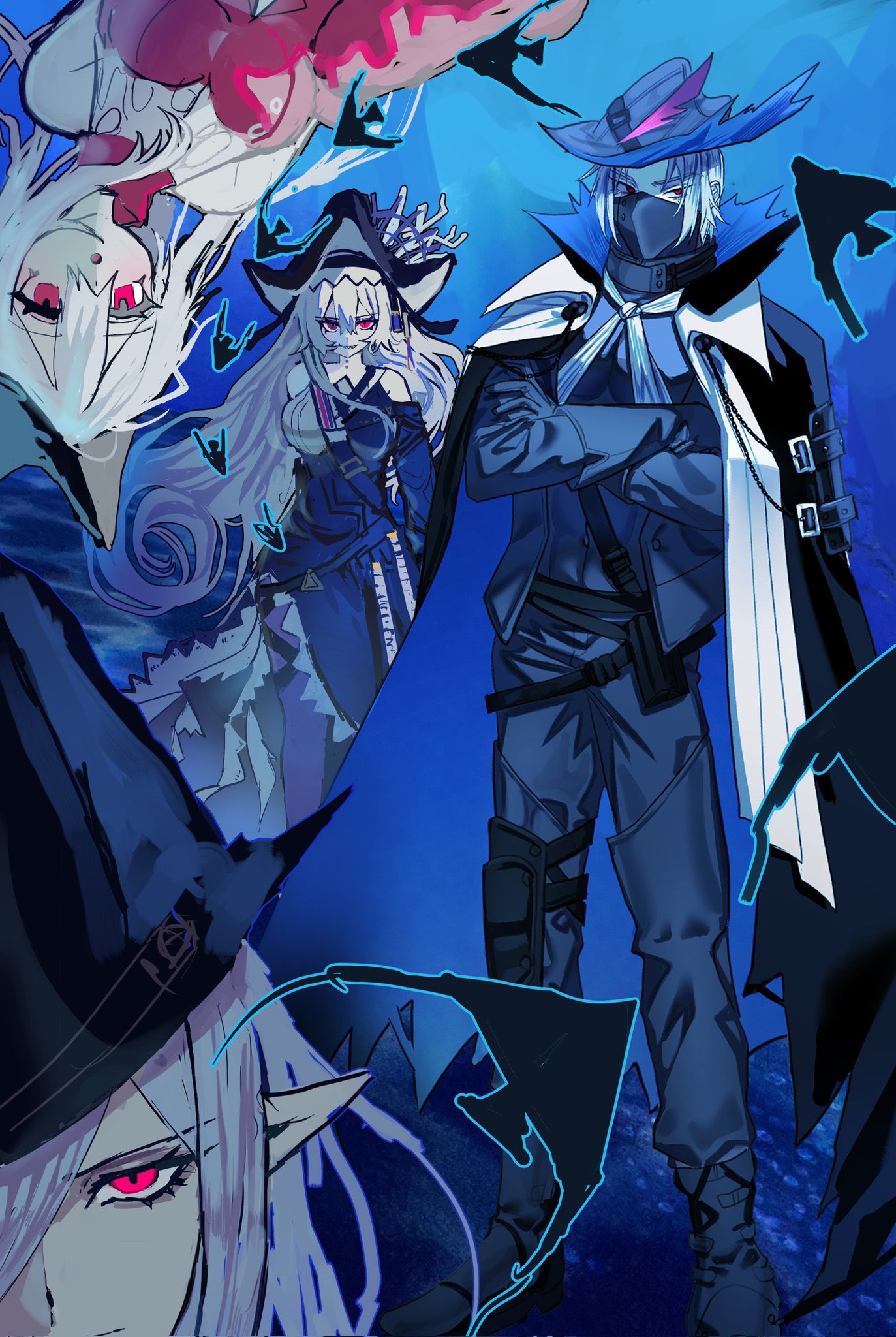 wakame yogurt, gladiia (arknights), skadi (arknights), skadi the corrupting heart (arknights), specter (arknights), specter the unchained (arknights), ulpianus (arknights), arknights, artist collaboration, highres, 1boy, 3girls, :o, ascot, bare shoulders, black boots, black cape, black cloak, black dress, black gloves, black hat, black mask, black pants, black shirt, black thighhighs, boots, breasts, cape, cloak, closed mouth, clothing cutout, covered abs, covered navel, crossed arms, dress, facing viewer, fish girl, gloves, hair between eyes, hair over one eye, hat, hat feather, knee pads, large breasts, long hair, looking at viewer, looking to the side, magnum 0000, mask, medium hair, mouth mask, multiple girls, pants, pointy ears, red dress, red eyes, sharp teeth, shirt, shoulder cutout, single knee pad, smile, teeth, thighhighs, torn cape, torn clothes, tricorne, underwater, upside-down, very long hair, white ascot, white hair