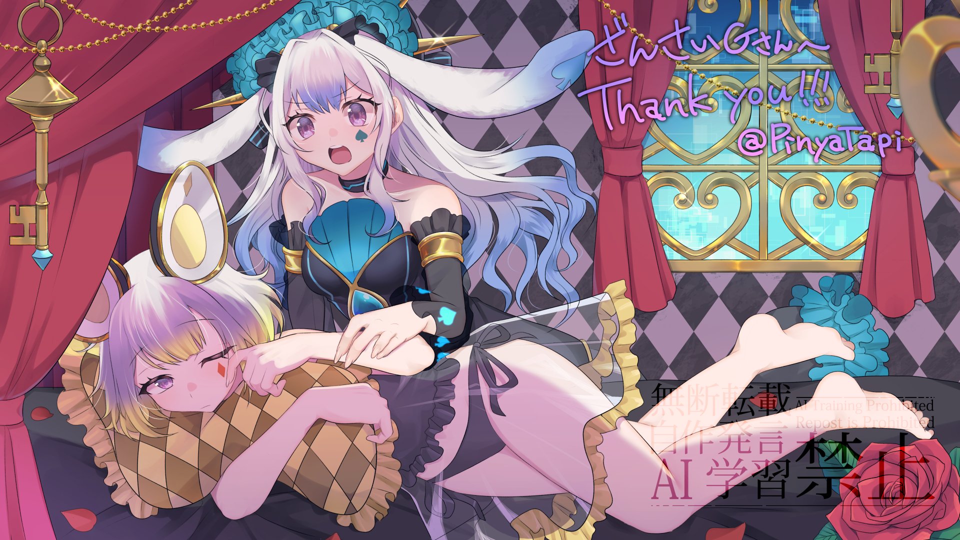 pinyata (pinyaland), maliss <p> dormouse, maliss <p> march hare, yu-gi-oh!, highres, 2girls, animal ears, black dress, black panties, blonde hair, blue hair, breasts, checkered pillow, detached sleeves, dress, duel monster, key, long hair, long sleeves, looking at another, medium breasts, medium hair, mouse ears, mouse girl, multicolored hair, multiple girls, one eye closed, open mouth, panties, pink eyes, rabbit ears, strapless, strapless dress, thank you, twitter username, underwear, white hair, window