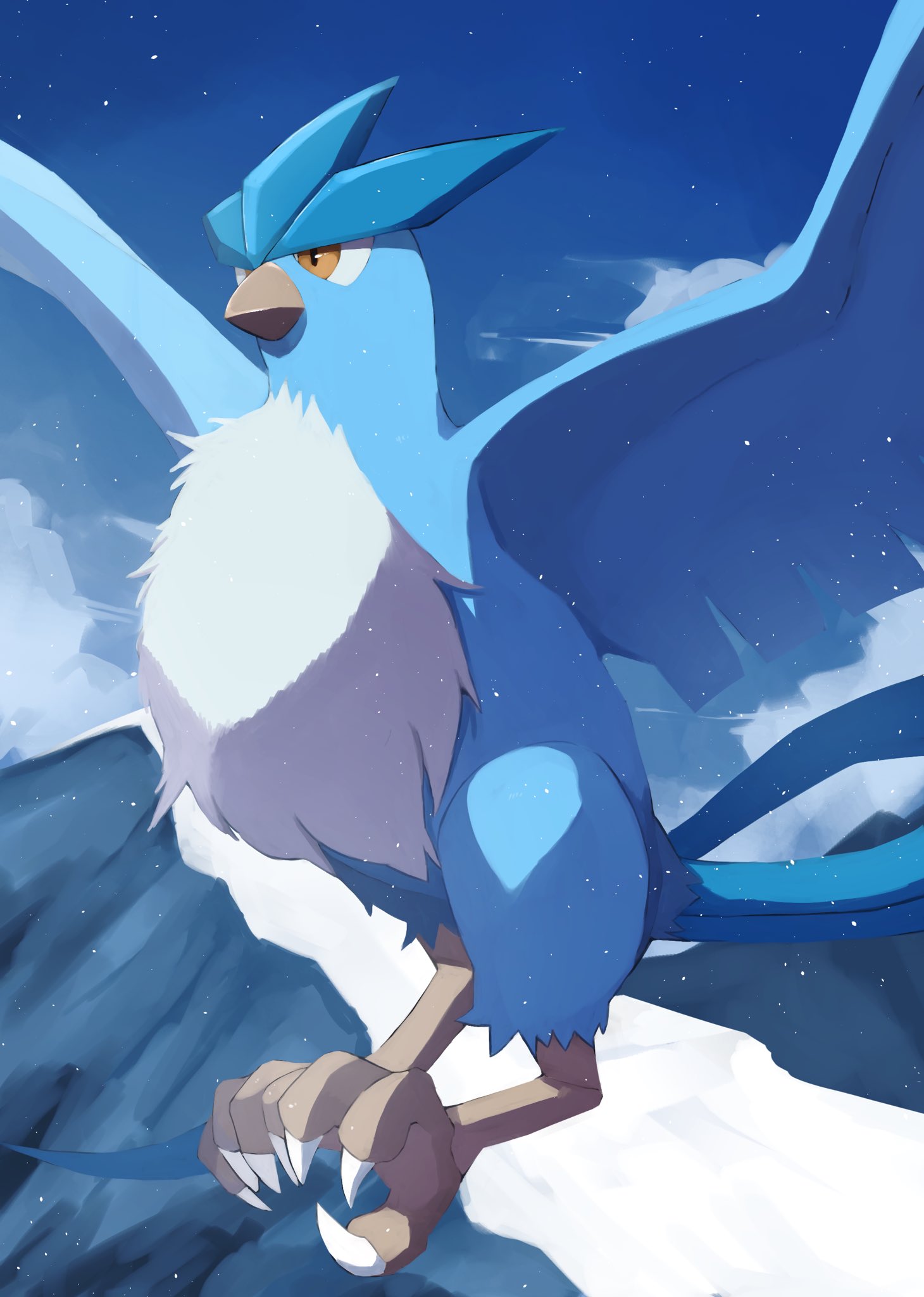 kou11021301, articuno, nintendo, pokemon, highres, animal focus, beak, bird, brown eyes, closed mouth, gen 1 pokemon, legendary pokemon, mountain, no humans, pokemon (creature), pokemon focus, sky, snow, tail, talons, wings