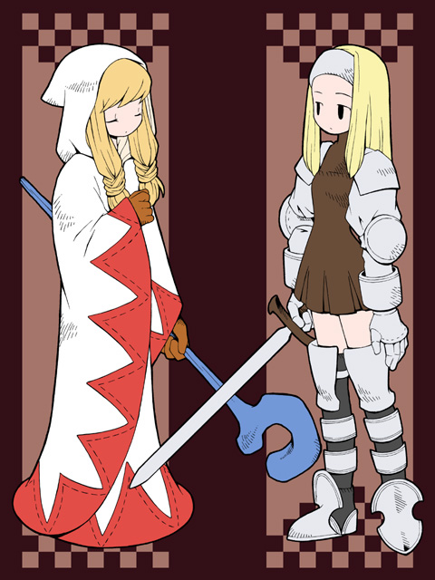 b.tarou, bakuhatsu tarou, squire (fft), white mage (fft), white mage (final fantasy), final fantasy, final fantasy tactics, square enix, white mage, 2girls, armor, black eyes, blonde hair, boots, closed eyes, gauntlets, gloves, headband, long hair, multiple girls, robe, staff, sword, thighhighs, weapon, zettai ryouiki