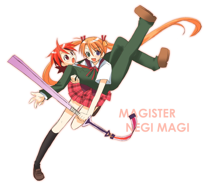 yuuma (omaeno meinichi), kagurazaka asuna, negi springfield, mahou sensei negima!, >:d, 00s, 1boy, 1girl, :d, ahoge, bell, blue eyes, copyright name, formal clothes, glasses, green eyes, hair bell, hair ornament, heterochromia, open mouth, orange hair, pince-nez, red eyes, red hair, school uniform, short hair, smile, suit, teenage girl and younger boy, twintails, v-shaped eyebrows, weapon