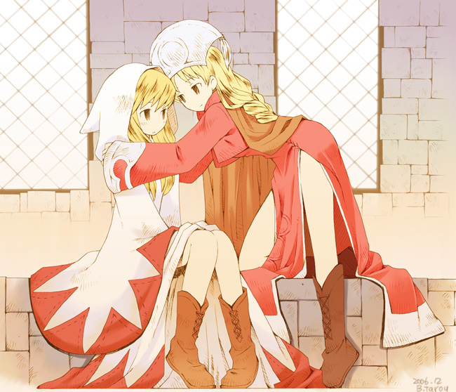 b.tarou, bakuhatsu tarou, orator (fft), white mage (fft), white mage (final fantasy), final fantasy, final fantasy tactics, white mage, 2girls, blonde hair, boots, braid, brown eyes, cape, couple, hat, long hair, multiple girls, robe, sitting, yuri