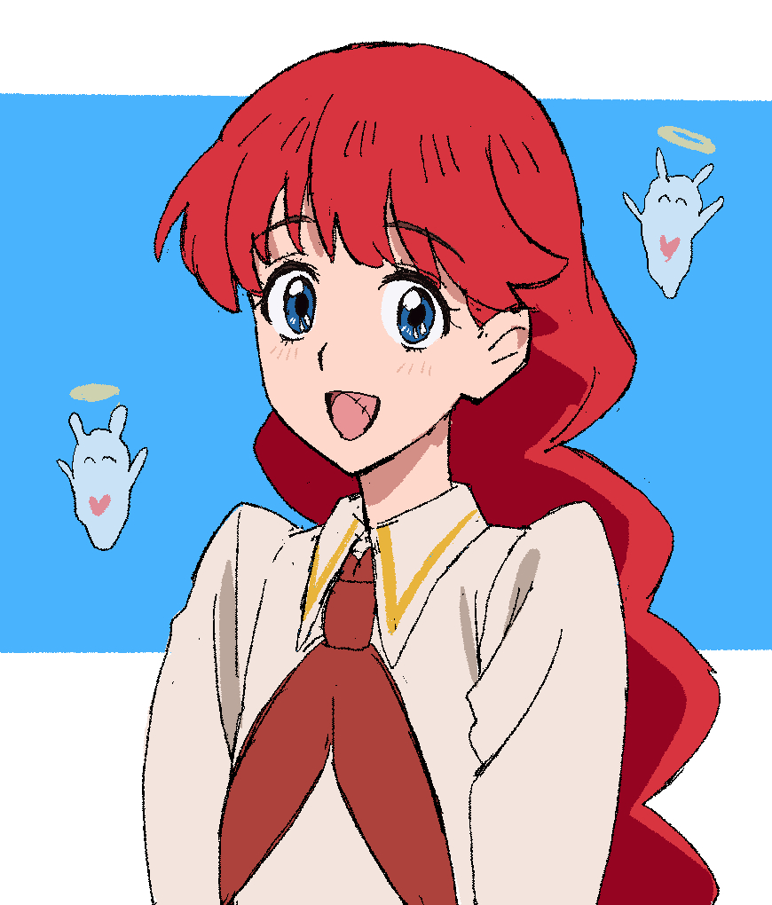1girl, animal, asasafrrgreg, bird, blue background, blue eyes, braid, lala (sayonara lara), looking at viewer, open mouth, red hair, sayonara lara, sea angel, smile, solo, upper body