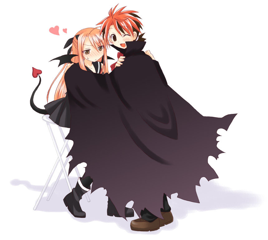 yuuma (omaeno meinichi), hasegawa chisame, negi springfield, mahou sensei negima!, 00s, 1boy, 1girl, ;d, bat wings, blush, brown eyes, brown hair, heart, long hair, one eye closed, open mouth, red eyes, red hair, short hair, skirt, smile, sweatdrop, tail, teenage girl and younger boy, wings