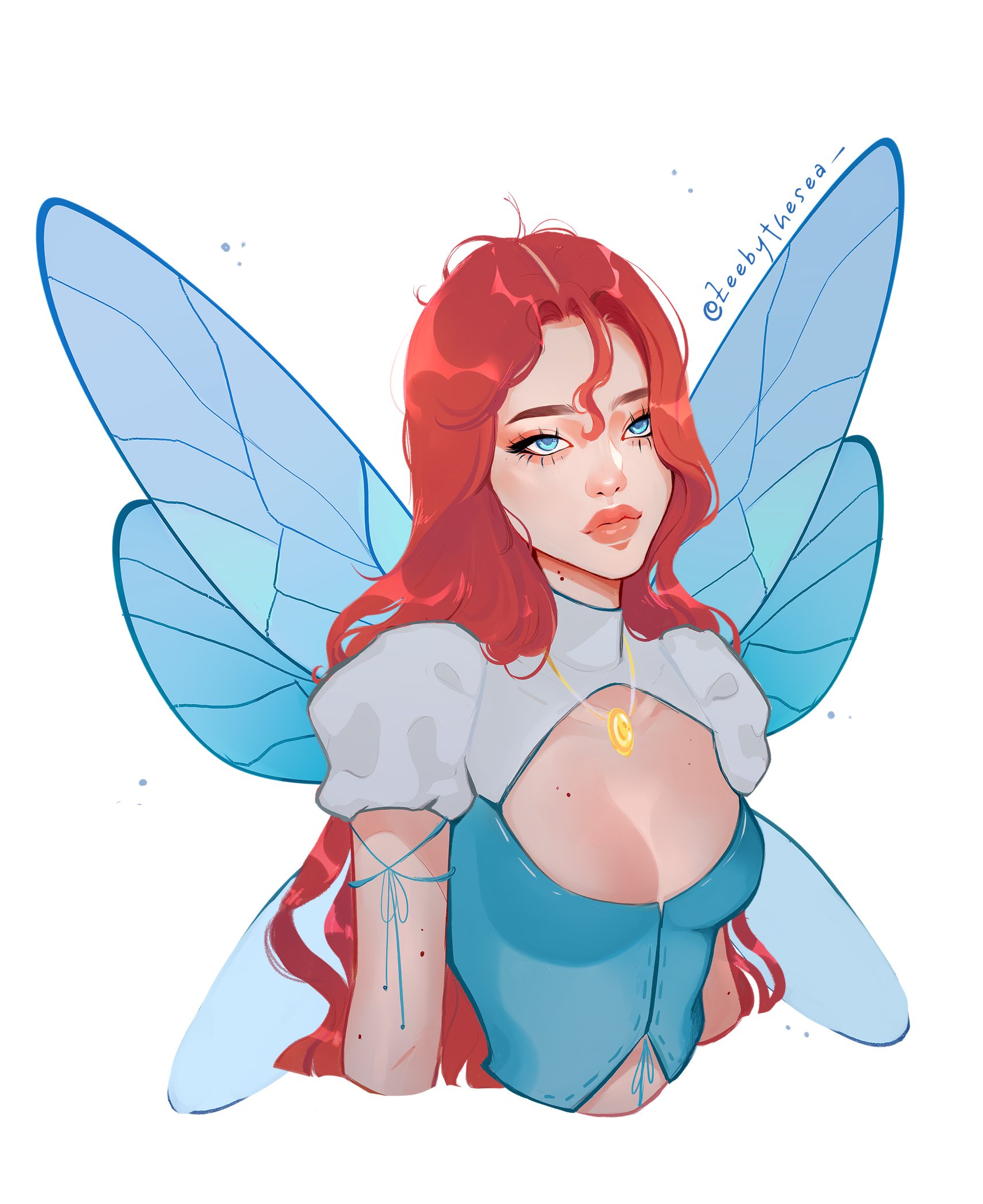 zeebythesea, bloom (winx club), winx club, highres, 1girl, aqua shirt, blue eyes, blue wings, breasts, cleavage cutout, closed mouth, clothing cutout, crop top, cropped torso, eyelashes, fairy, fairy wings, gold necklace, high collar, jewelry, light particles, long hair, looking ahead, medium breasts, mole, mole on arm, mole on breast, multiple moles, necklace, puffy short sleeves, puffy sleeves, red hair, redesign, ribbon-trimmed shirt, ribbon trim, scoop neck, shirt, short sleeves, thick eyebrows, thick lips, twitter username, upper body, wavy hair, white background, white sleeves, wings