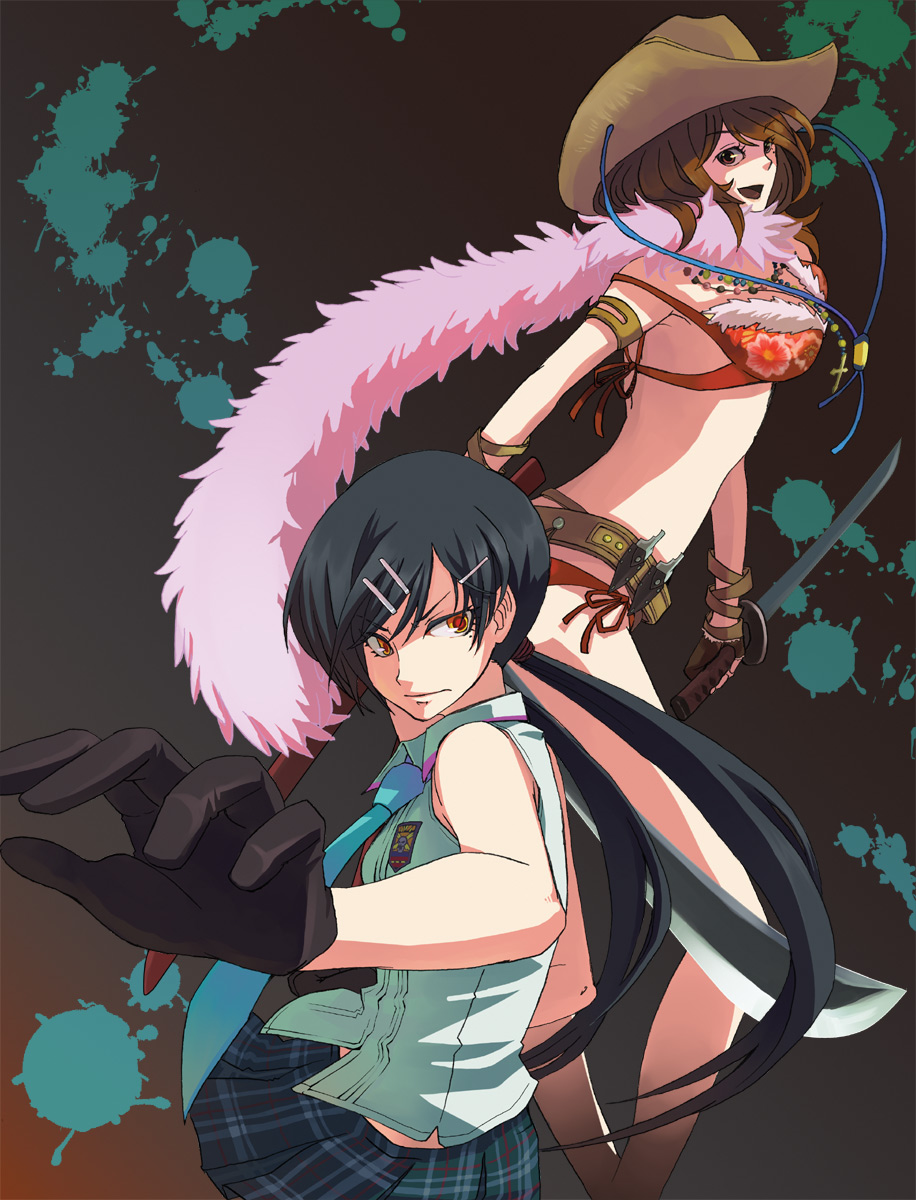 murai shinobu, aya (oneechanbara), saki (oneechanbara), oneechanbara, highres, 2girls, belt, bikini, bikini top only, black hair, brown eyes, brown hair, cowboy hat, cowboy western, feather boa, gloves, hair ornament, hairclip, hairpin, hat, katana, multiple girls, necktie, orange eyes, plaid clothes, plaid skirt, school uniform, siblings, sisters, skirt, stampede string, swimsuit, sword, weapon
