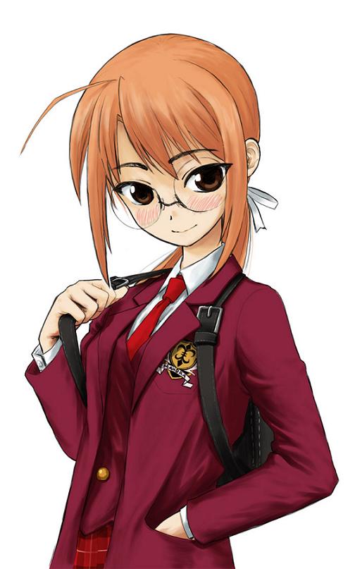 hasegawa chisame, mahou sensei negima!, 00s, bag, brown eyes, glasses, necktie, orange hair, school bag, school uniform, serafuku, short hair, solo