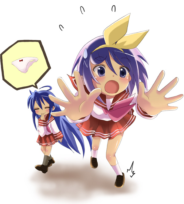 massala, hiiragi tsukasa, izumi konata, lucky star, bad id, bad pixiv id, 00s, 2girls, ahoge, blue hair, blush, falling, long hair, mole, mole under eye, multiple girls, purple hair, ribbon, school uniform, serafuku, short hair, sweatdrop, tripping