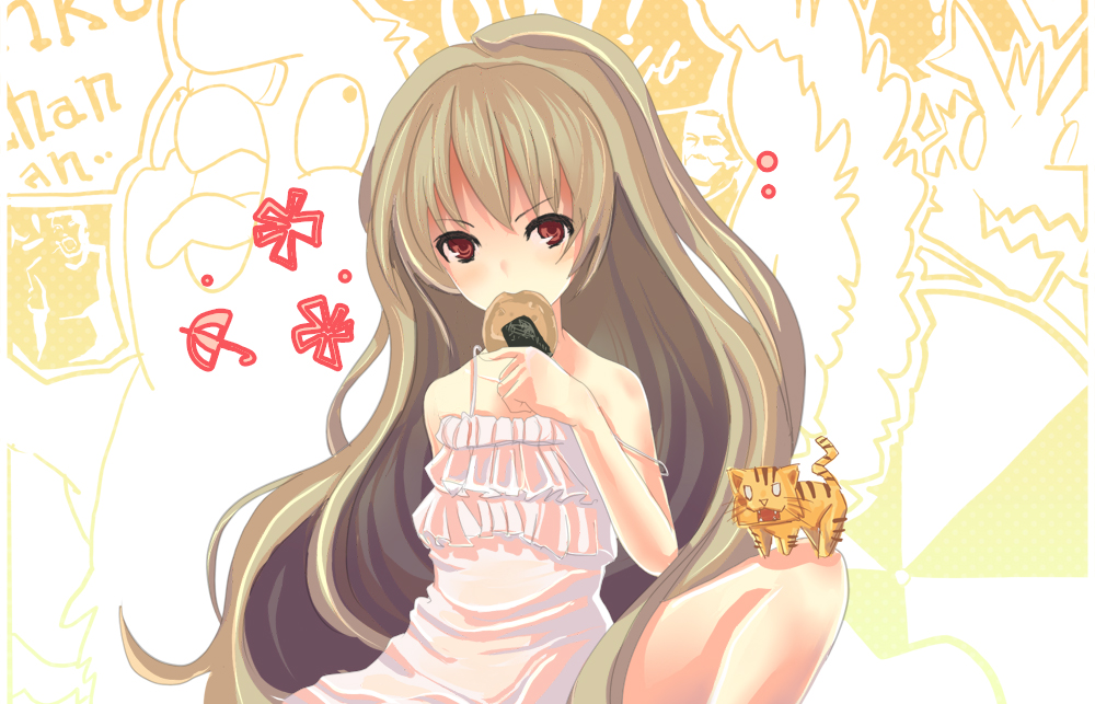 onomichi, aisaka taiga, toradora!, bad id, bad pixiv id, 00s, 1girl, brown hair, cat, eating, female focus, food, lingerie, long hair, nightgown, red eyes, senbei, sitting, solo, underwear, very long hair