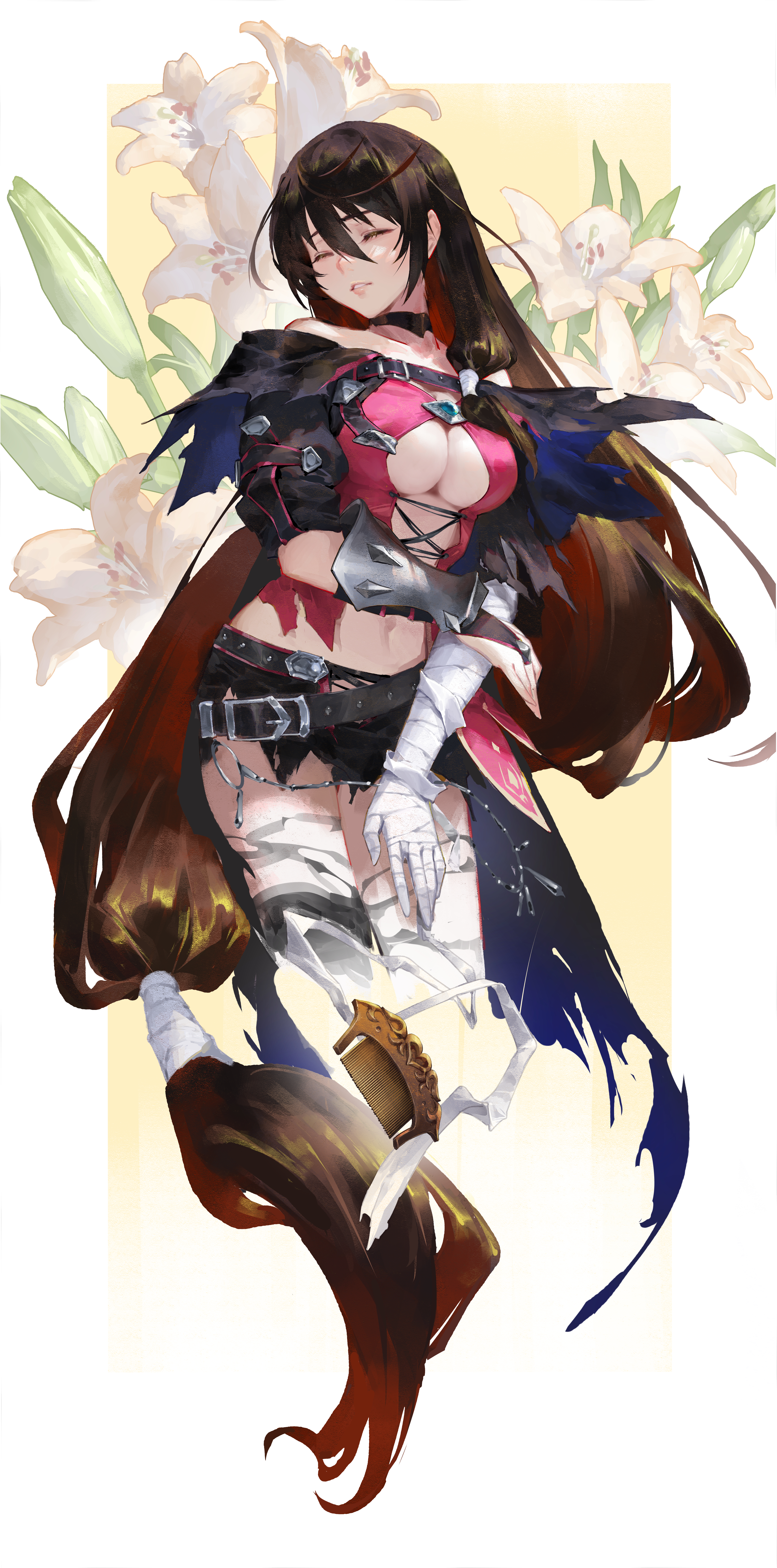 melonplus, velvet crowe, tales of (series), tales of berseria, absurdres, highres, 1girl, bandaged arm, bandages, black choker, black hair, breasts, choker, cleavage cutout, closed eyes, clothing cutout, hair between eyes, large breasts, light smile, long hair, parted lips, shorts, solo, torn clothes, torn shorts, underboob