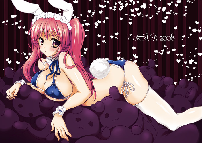 sanshoku amido, original, translation request, 1girl, 2008, animal ears, bikini, blue bikini, blush, breasts, cleavage, dot nose, embarrassed, fake animal ears, fake tail, female focus, heart, large breasts, long hair, looking at viewer, lying, maid headdress, medium breasts, on stomach, panties, pink eyes, pink hair, playboy bunny bikini, playboy bunny swimsuit, rabbit ears, rabbit tail, ribbon, shiny skin, side-tie bikini bottom, side-tie panties, skindentation, solo, stuffed animal, stuffed rabbit, stuffed toy, swimsuit, tail, thighhighs, underboob, underwear, white thighhighs, wrist cuffs