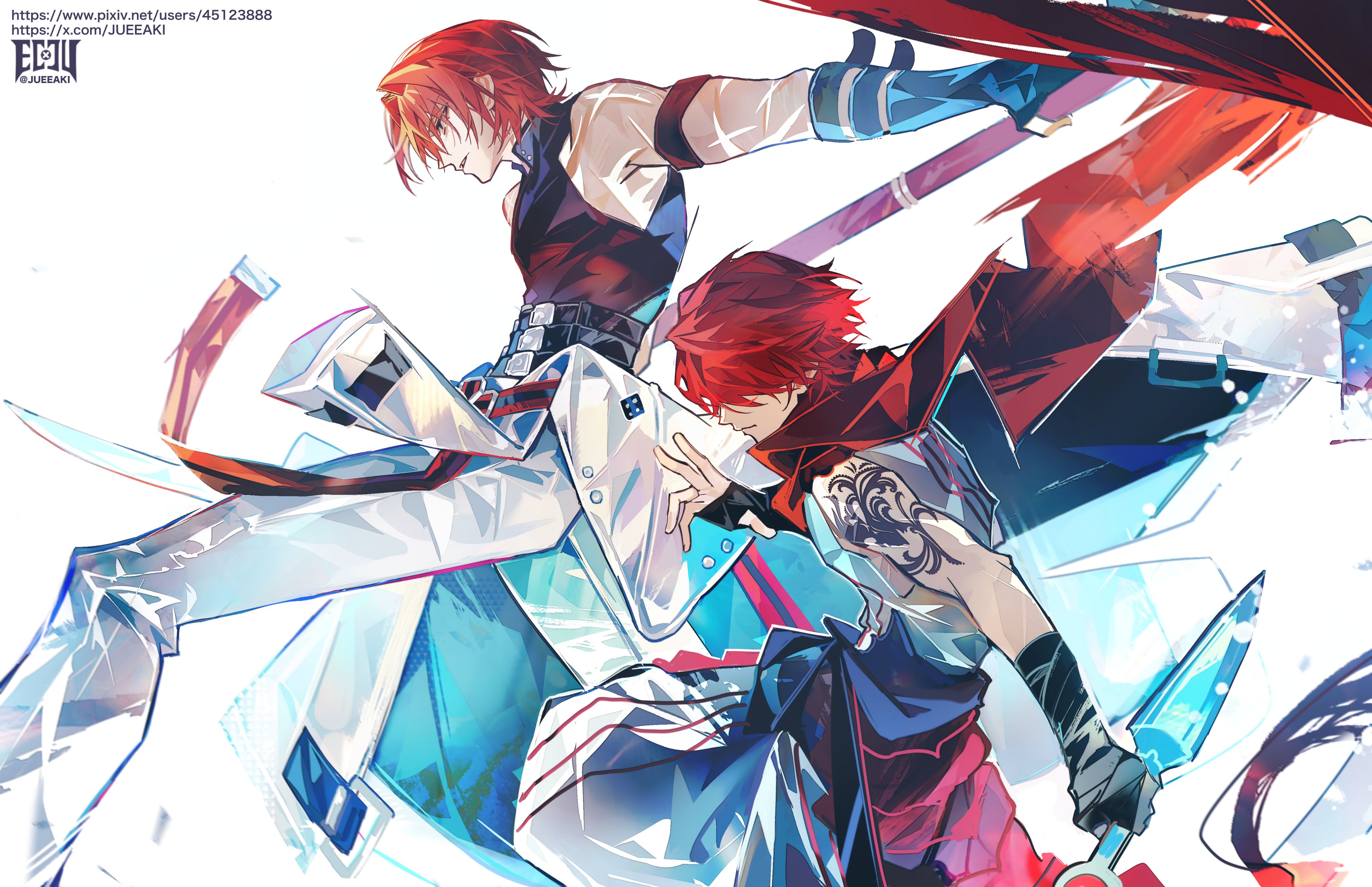 eeju, fuuma kotarou (fate), fate/grand order, fate (series), absurdres, highres, 2boys, arm tattoo, bandaged hand, bandages, black gloves, clothes around waist, fingerless gloves, gloves, hair over eyes, harada sanosuke (fate), holding, holding polearm, holding weapon, jacket, jacket around waist, kunai, multiple boys, multiple scars, pants, polearm, red hair, red scarf, scar, scar on arm, scar on shoulder, scarf, tattoo, tied jacket, toned, toned male, weapon, white background, white pants