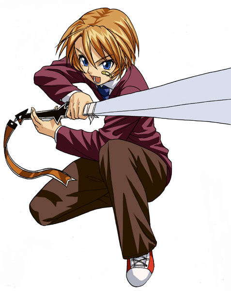 kagurazaka asuna, mahou sensei negima!, >:d, 00s, 1boy, :d, bandaid, bandaid on face, blonde hair, full body, genderswap, genderswap (ftm), green eyes, holding, holding sword, holding weapon, jacket, kneeling, long sleeves, male focus, on one knee, open mouth, pants, red jacket, shoes, smile, sneakers, solo, sword, v-shaped eyebrows, weapon