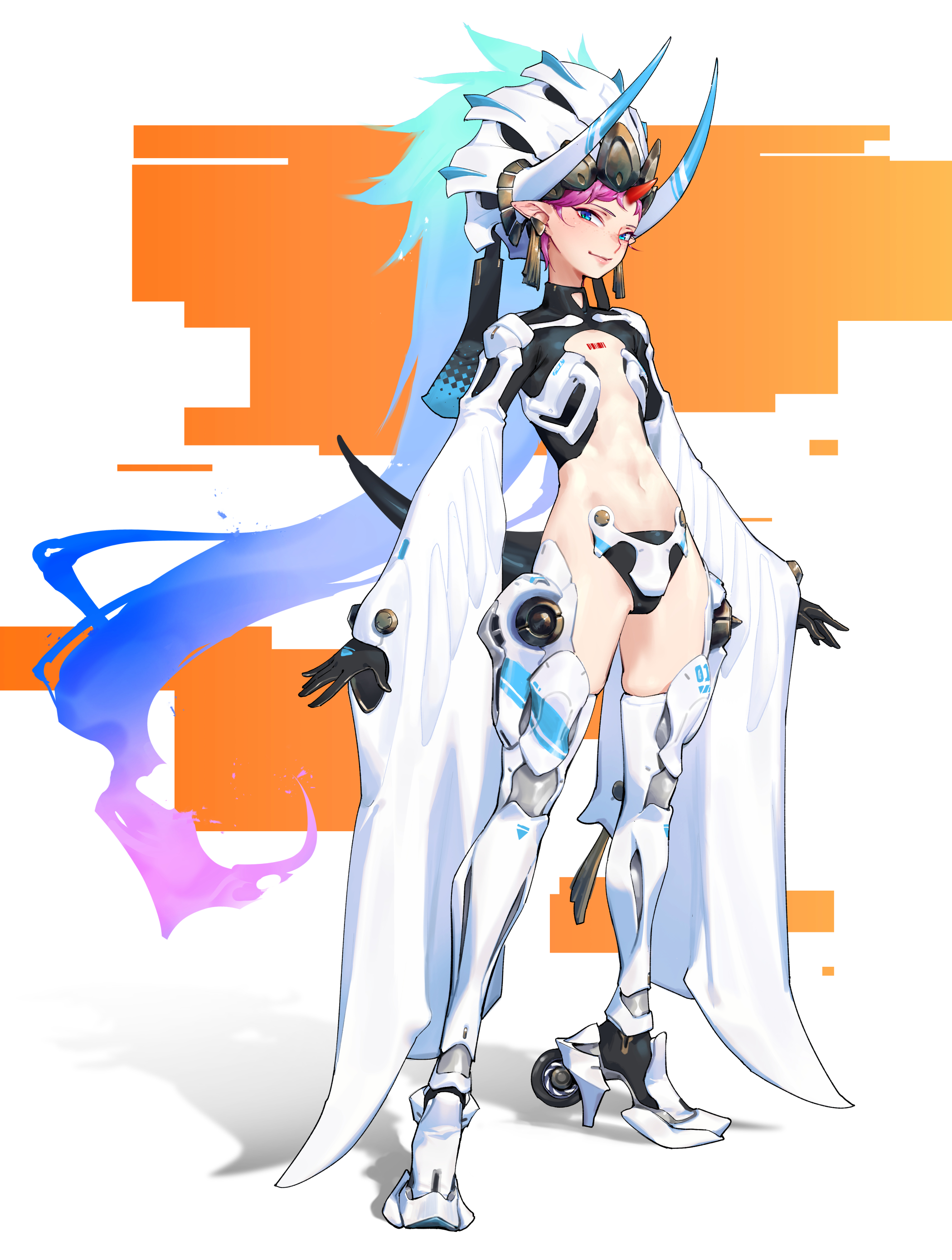 melonplus, original, absurdres, highres, 1girl, blue eyes, crotch plate, earrings, flat chest, full body, gloves, helmet, high heels, horns, jewelry, long hair, mecha musume, pink hair, pointy ears, science fiction, smile, solo, very long hair, wide sleeves