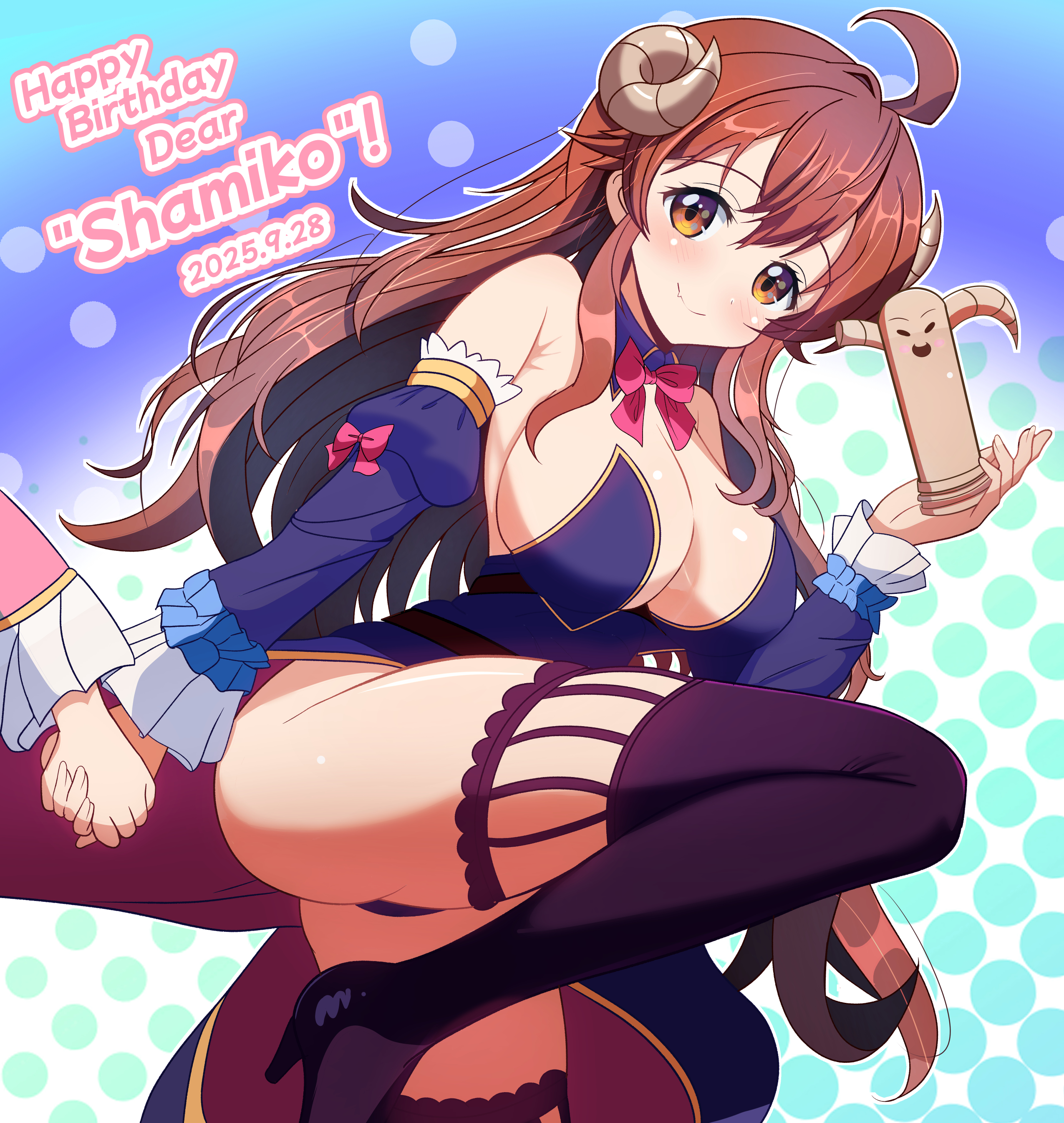 kumaisao, chiyoda momo, lilith (machikado mazoku), lilith (statue) (machikado mazoku), yoshida yuuko, machikado mazoku, absurdres, highres, 2girls, black shoes, black thighhighs, blush, breasts, demon girl, demon horns, demon tail, happy birthday, holding hands, horns, large breasts, leg up, long hair, multiple girls, red eyes, red hair, shoes, smile, solo focus, standing, statue, tail, thighhighs