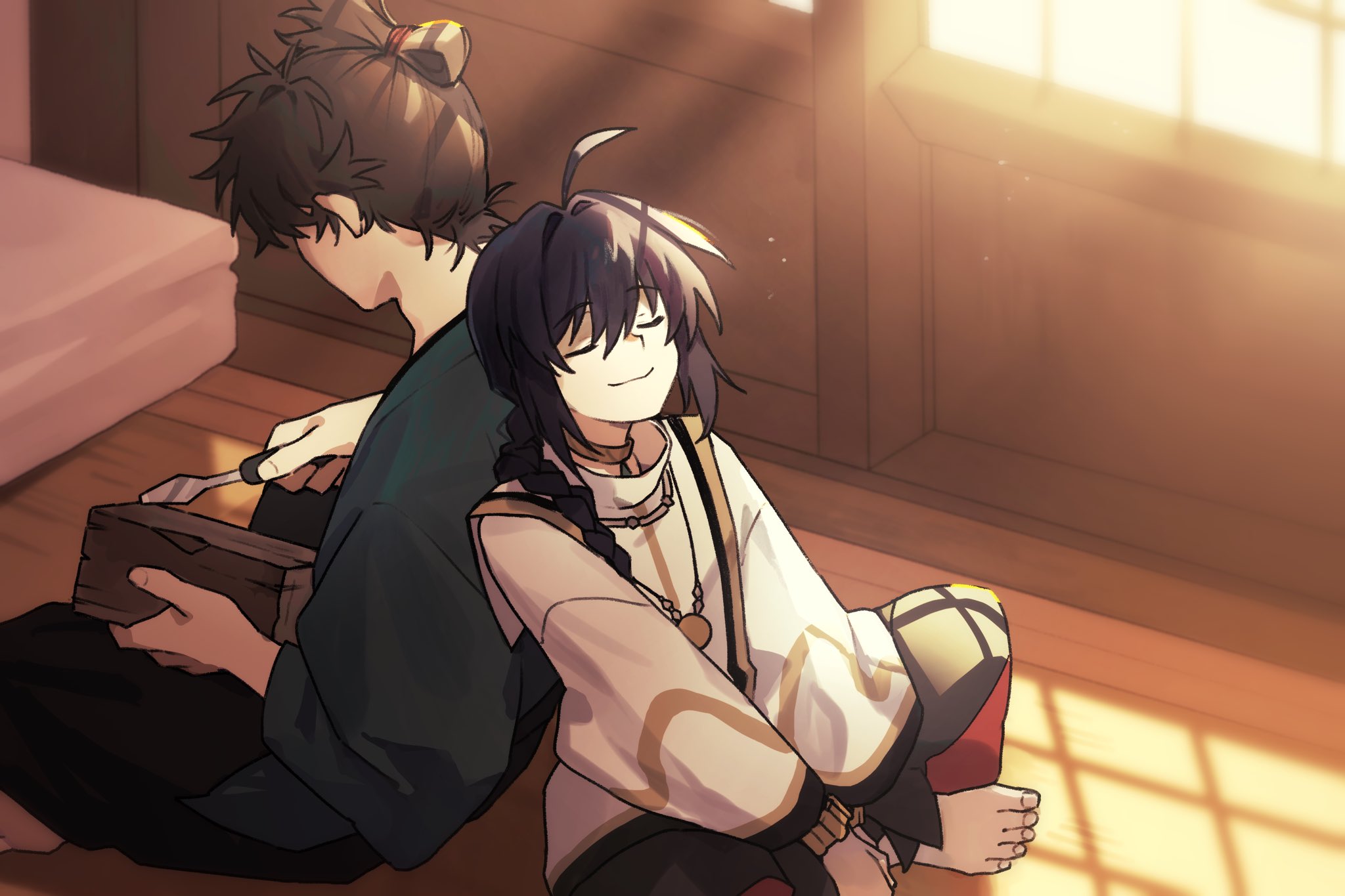 yamabuki otk, miyamoto iori (fate), yamato takeru (fate), fate/samurai remnant, fate (series), highres, 1boy, 1other, ahoge, amulet, androgynous, architecture, back-to-back, black hair, black hakama, blue kimono, bracelet, braid, chisel, closed eyes, east asian architecture, hair intakes, hair over shoulder, hakama, indian style, japanese clothes, jewelry, kimono, long braid, other with male, shouji, sidelocks, single braid, sitting, sliding doors, smile, topknot, wood carving tool