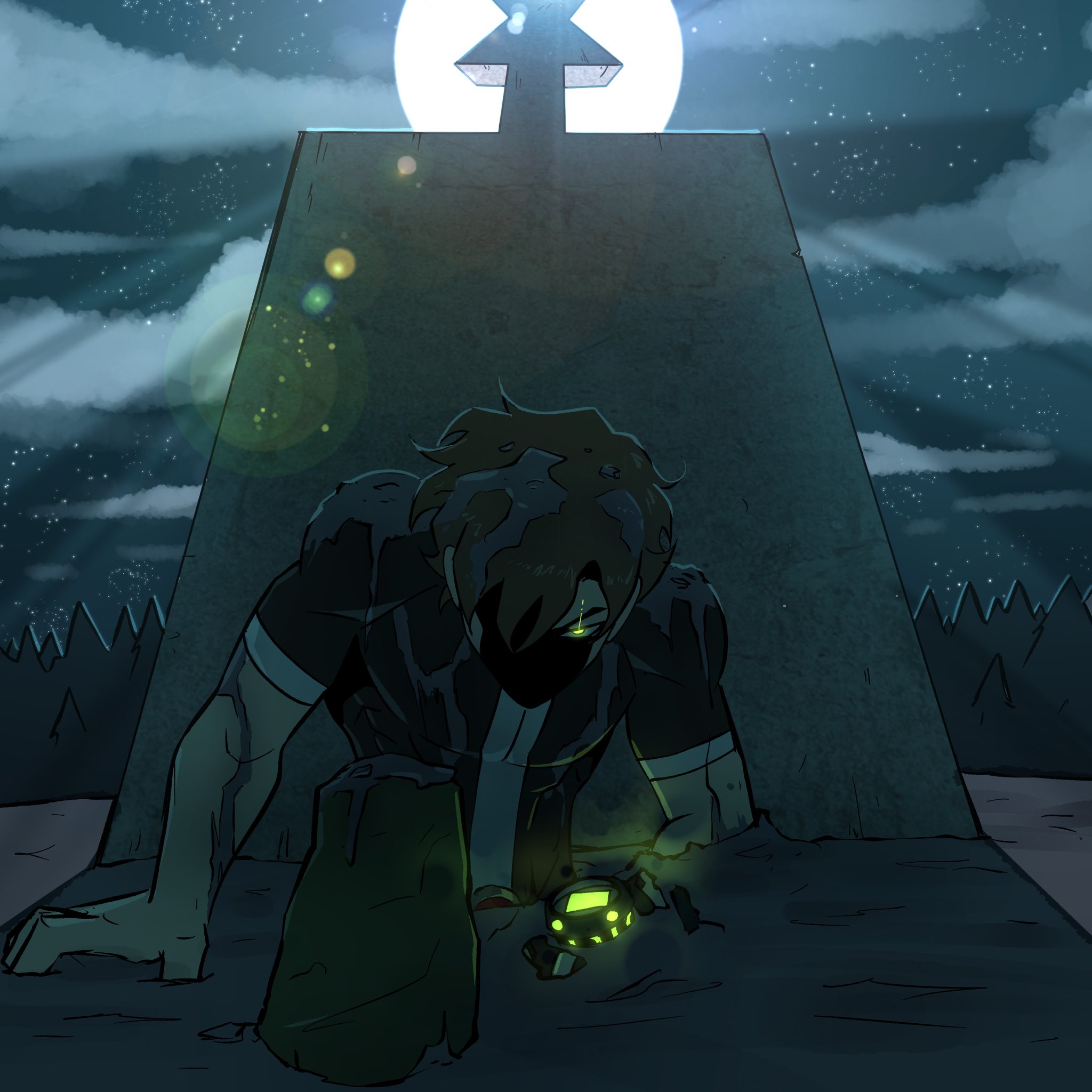 ben tennyson, ben 10, hashtag-only commentary, highres, 1boy, aged up, black shirt, brown hair, cloud, cloudy sky, cross, duckz art, full moon, glowing, glowing eye, green eyes, green pants, hair over one eye, horror (theme), male focus, moon, moonlight, night, night sky, omnitrix, one-eyed, outdoors, pants, shaded face, shirt, short sleeves, sky, solo, star (sky), starry sky, tombstone