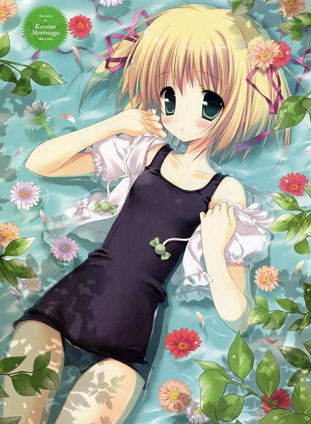 morinaga korune, jpeg artifacts, non-web source, 1girl, black one-piece swimsuit, blonde hair, blush, collarbone, female focus, flower, from above, green eyes, hair flower, hair ornament, hair ribbon, leaf, long torso, looking up, lying, one-piece swimsuit, pink ribbon, ribbon, school swimsuit, short hair, solo, submerged, swimsuit, thigh gap, thighs, two side up, water