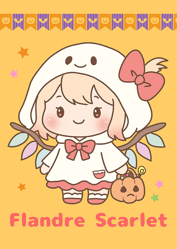 rikatan, flandre scarlet, touhou, commentary request, 1girl, blonde hair, bow, bowtie, bucket, candy, character name, chibi, chibi only, cloak, closed mouth, food, full body, ghost costume, hair bow, halloween, halloween bucket, holding, holding bucket, hood, hooded cloak, long sleeves, pocket, red bow, red bowtie, smile, solo, standing, star (symbol), white cloak, wings, yellow background