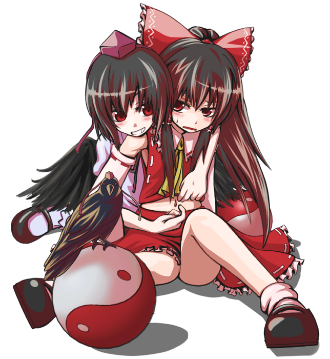 tori rui, hakurei reimu, shameimaru aya, touhou, 2girls, bird, black hair, black wings, blush, bow, crow, detached sleeves, female focus, hair ribbon, hat, hug, japanese clothes, mary janes, midriff, miko, multiple girls, navel, navel insertion, navel poking, red eyes, ribbon, shoes, skirt, socks, sweat, wings, yin yang