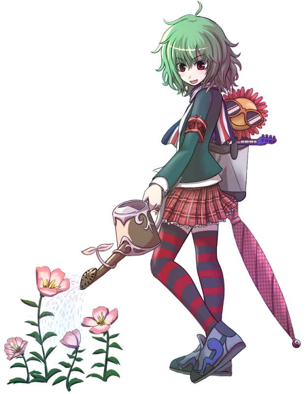 tori rui, kazami yuuka, rozen maiden, touhou, 00s, 1girl, alternate costume, armband, closed umbrella, dancing flower, female focus, flower, green hair, plaid clothes, plaid skirt, red eyes, school uniform, serafuku, short hair, skirt, solo, striped clothes, striped thighhighs, sunflower, sunglasses, thighhighs, umbrella, unmoving pattern, watering can, zettai ryouiki