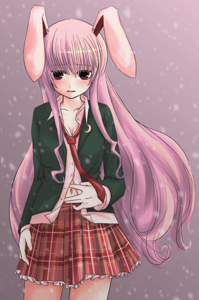 tori rui, reisen udongein inaba, touhou, 1girl, animal ears, female focus, gradient background, long hair, navel, purple hair, rabbit ears, skirt, solo