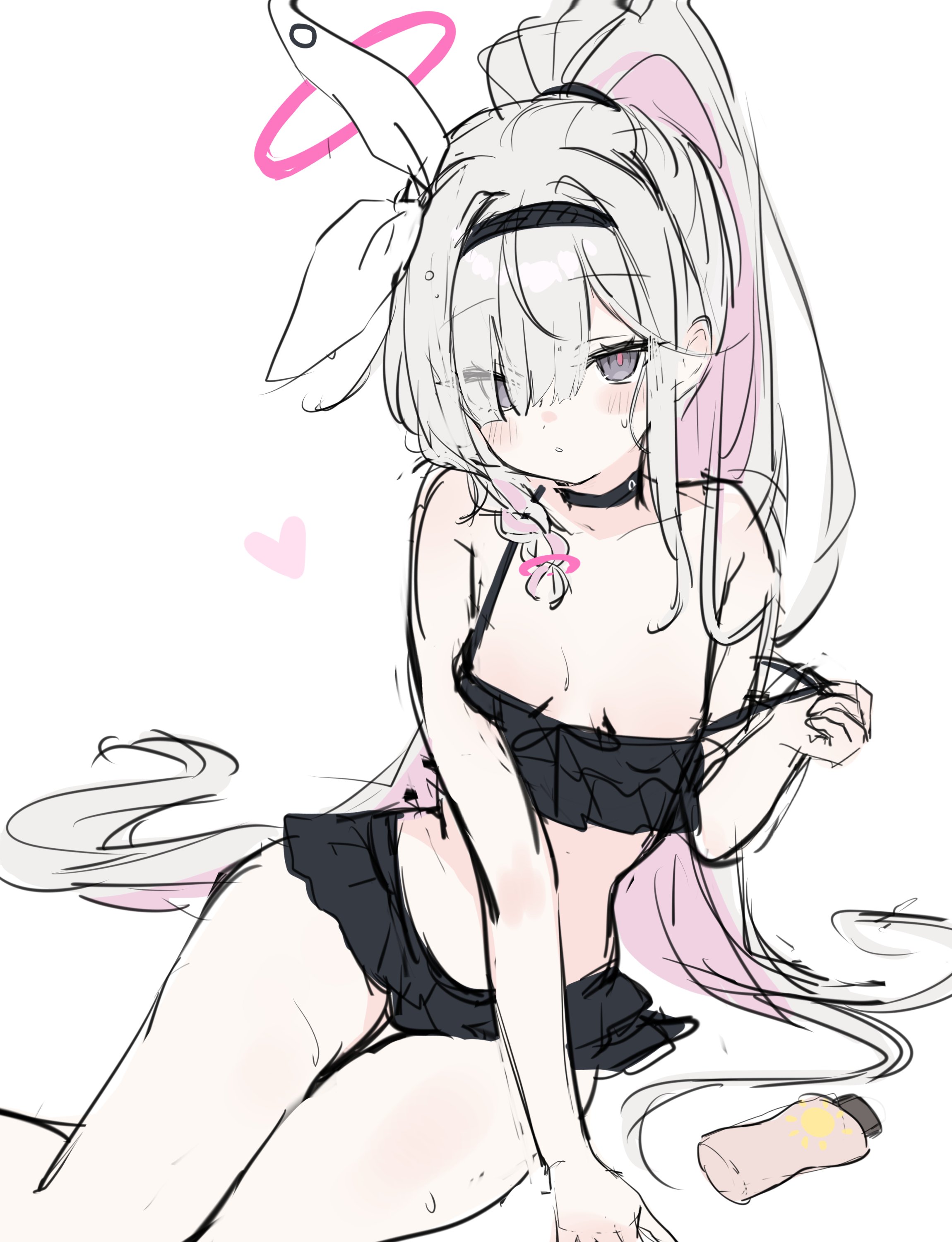 shouu-kun, plana (blue archive), blue archive, absurdres, highres, 1girl, alternate costume, alternate hairstyle, bare arms, bare shoulders, bikini, bikini skirt, black bikini, black choker, black hairband, blush, bow, braid, breast press, breasts, breasts apart, choker, colored inner hair, cowboy shot, expressionless, eyes visible through hair, frilled bikini, frills, grey eyes, hair bow, hair over one eye, hair spread out, hair tie, hairband, halo, hand up, heart, high ponytail, leaning to the side, long bangs, long hair, looking at viewer, lotion, low neckline, multicolored hair, parted lips, pink hair, pink halo, pink pupils, ponytail, pulling own clothes, ring hair ornament, side braid, simple background, sitting, sketch, small breasts, solo, stomach, strap pull, strap slip, string bikini, sunscreen, sweat, swept bangs, swimsuit, thigh gap, thighs, traditional halo, two-tone hair, very long hair, white background, white bow, white hair