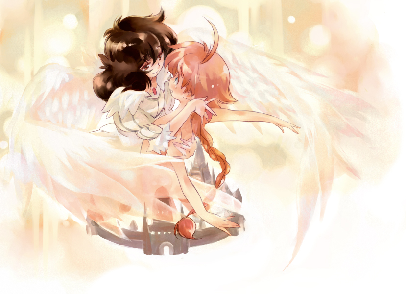 ito (pixiv110229), ahiru (princess tutu), rue (princess tutu), princess tutu, bad id, bad pixiv id, 00s, 2girls, ahoge, ballerina, ballet, black hair, blue eyes, braid, hug, loli, long hair, multiple girls, nude, red eyes, red hair, short hair, wings, yuri