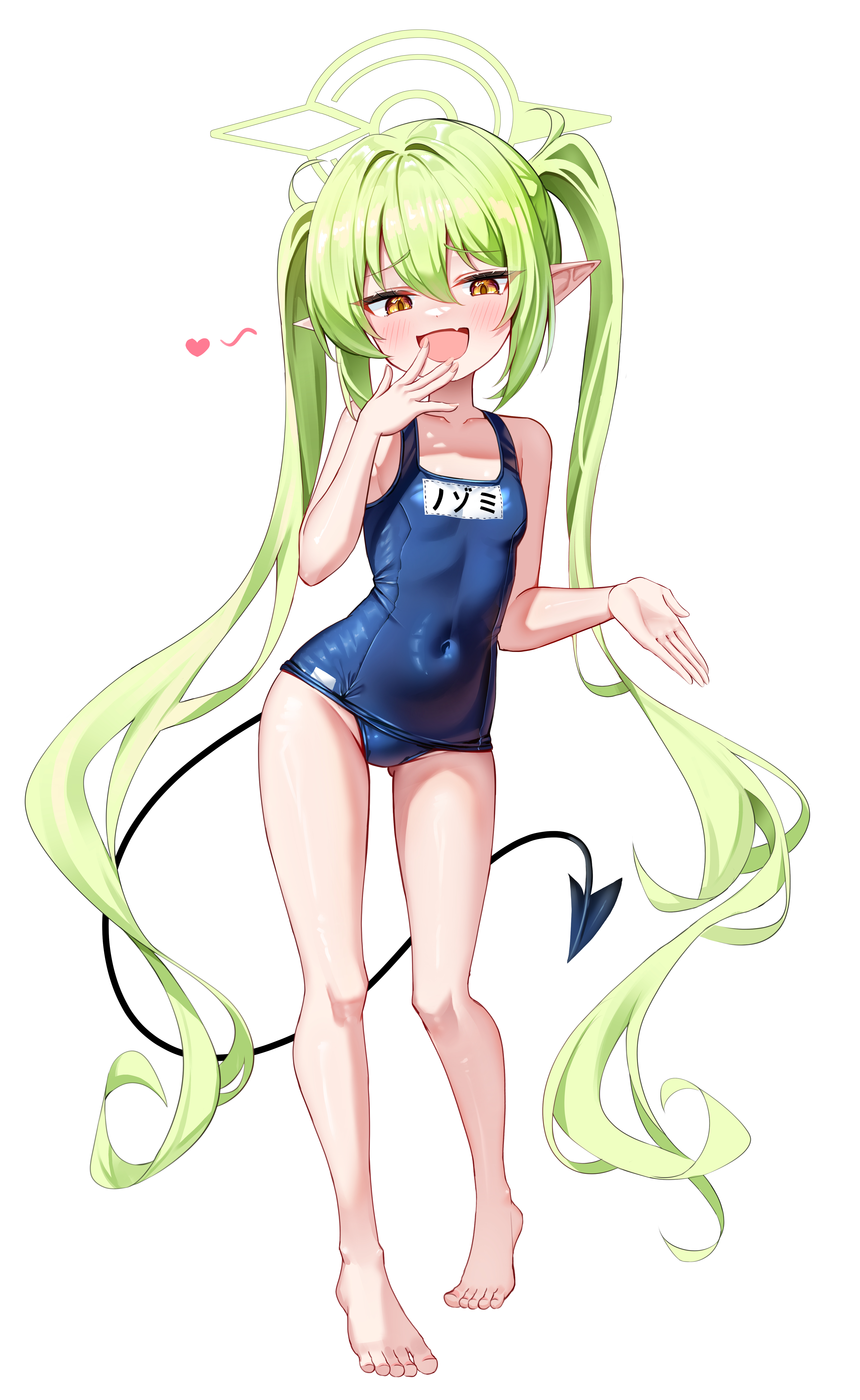 li se, nozomi (blue archive), blue archive, absurdres, commentary request, commission, highres, pixiv commission, variant set, 1girl, :d, barefoot, black tail, blue one-piece swimsuit, blush, breasts, brown eyes, character name, covered navel, demon girl, demon tail, fang, full body, green hair, green halo, halo, hand up, heart, long hair, looking at viewer, mesugaki, mesugaki pose, one-piece swimsuit, open mouth, pointy ears, school swimsuit, simple background, skin fang, small breasts, smile, solo, swimsuit, tachi-e, tail, twintails, very long hair, white background